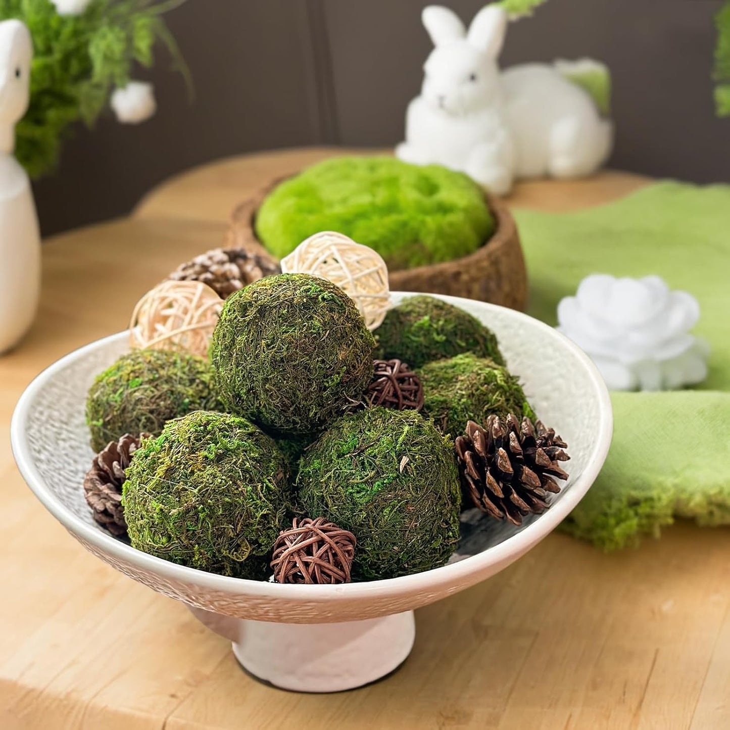 NAHARO Elegant White Ceramic Bowl with Moss Ball Set-10 Decorative Bowl with 16pc Decorative Balls for Farmhouse Table Centerpiece, Living Room or Home Decor
