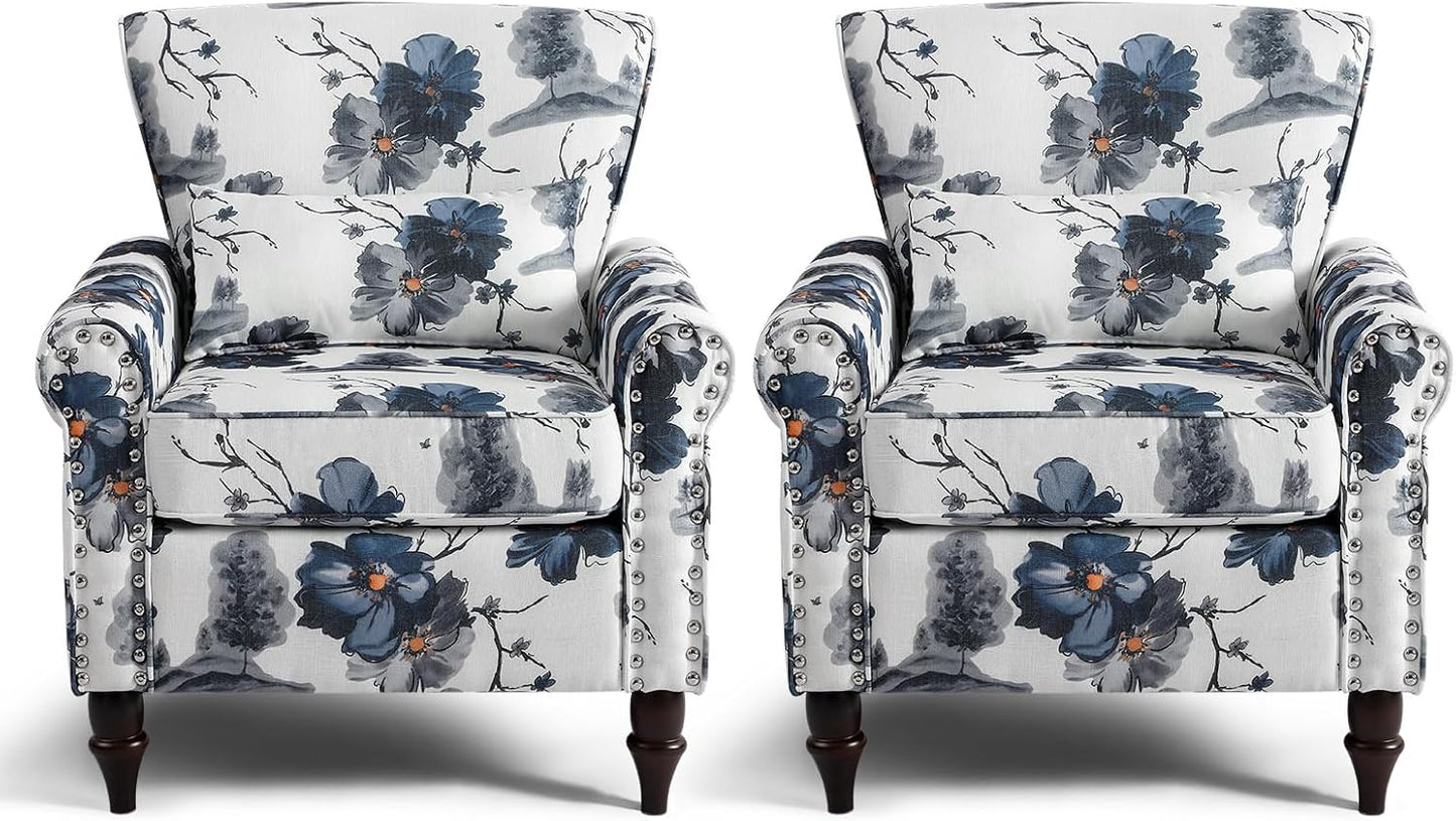 Wingback Accent Chair with Removable Pillow, High Back Floral Armchair with Solid Wood Legs & Nailhead Trim, Comfy Upholstered Reading Single Sofa Chair for Bedroom (2, Ink Blue Pattern)
