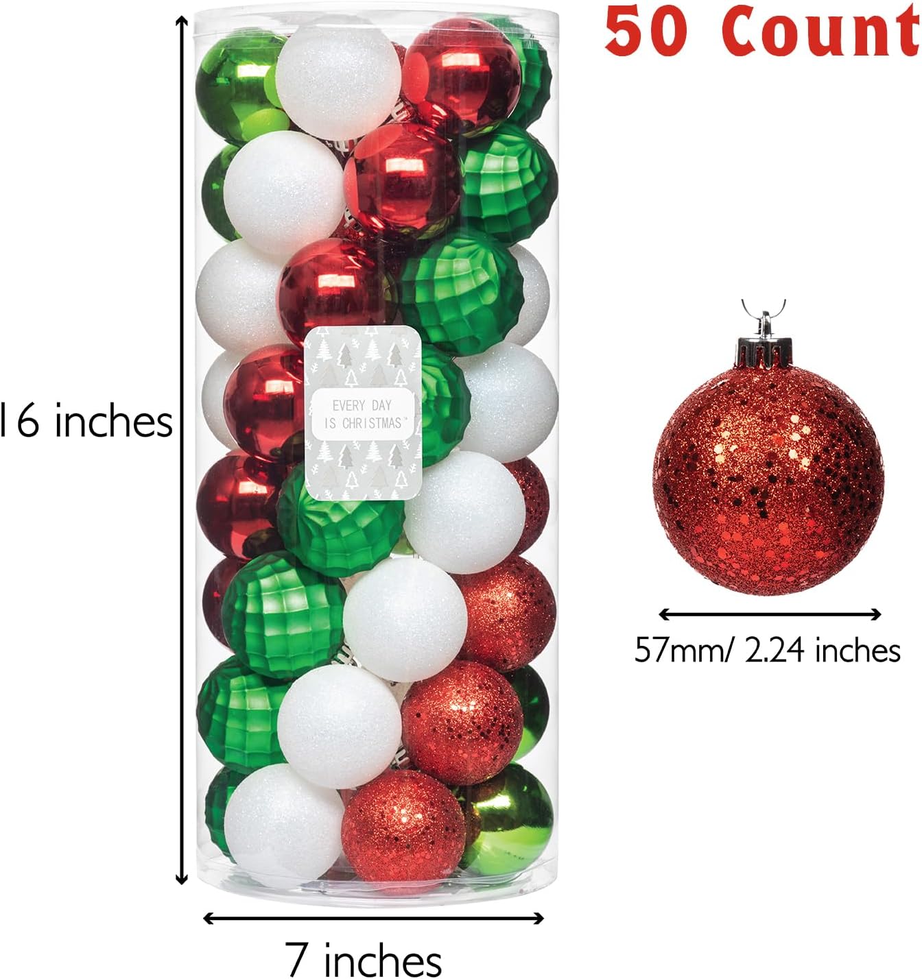 Every Day is Christmas Ornaments, Shatterproof Christmas Tree Ornament Set, Christmas Balls Decoration 50 Count (2.24"/57mm, White Red Green)