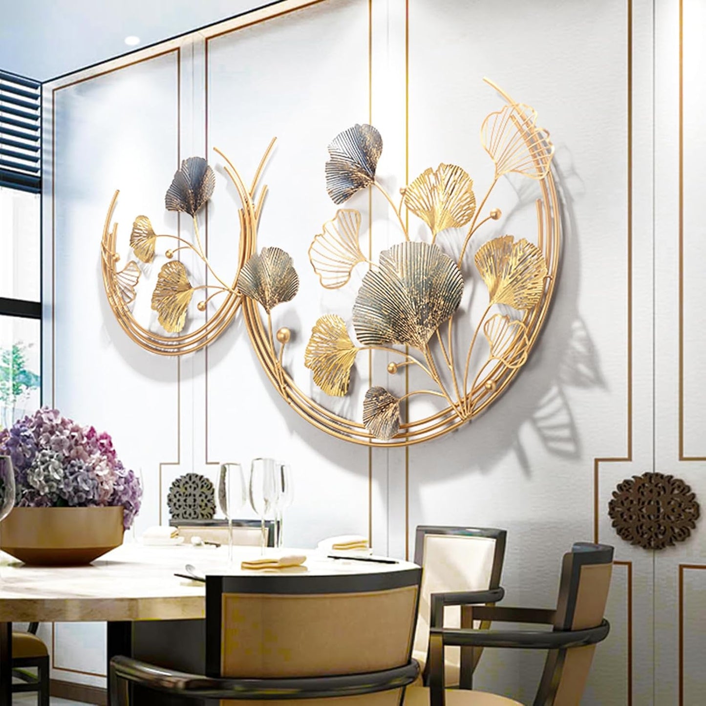 CDDUOLA 3D Room Wall Decor, Handmade Art Metal Round Golden Ginkgo Leaf Decorative Wall Sculpture for Home Living Room And Bedroom, 2 Pack