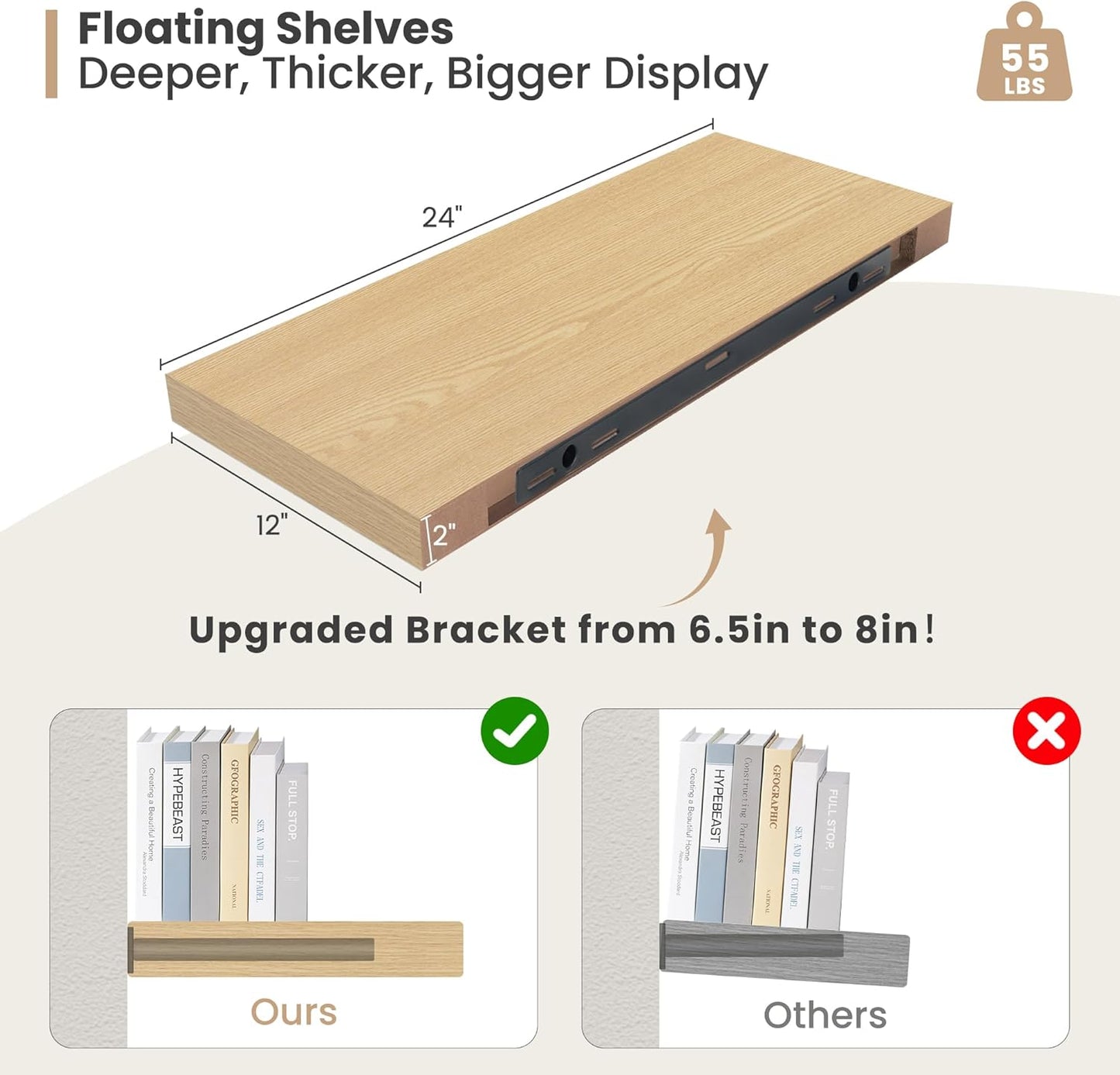 Heimlove 24 x 12 Inch Deep Floating Shelves Wall Mounted with Invisible Brackets,Storage Hanging Shelf for Wall Decor in Bathroom, Bedroom, Toilet, Kitchen, Living Room, Office Set of 2 (Oak)