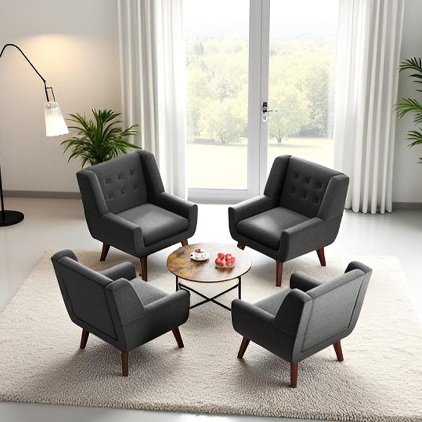 HUIMO Accent Chairs Set of 4, Upholstered Button Tufted Armchair, Linen Fabric Sofa Chairs for Bedroom, Living Room, Mid Century Modern Comfy Reading Chair (4, Grey)