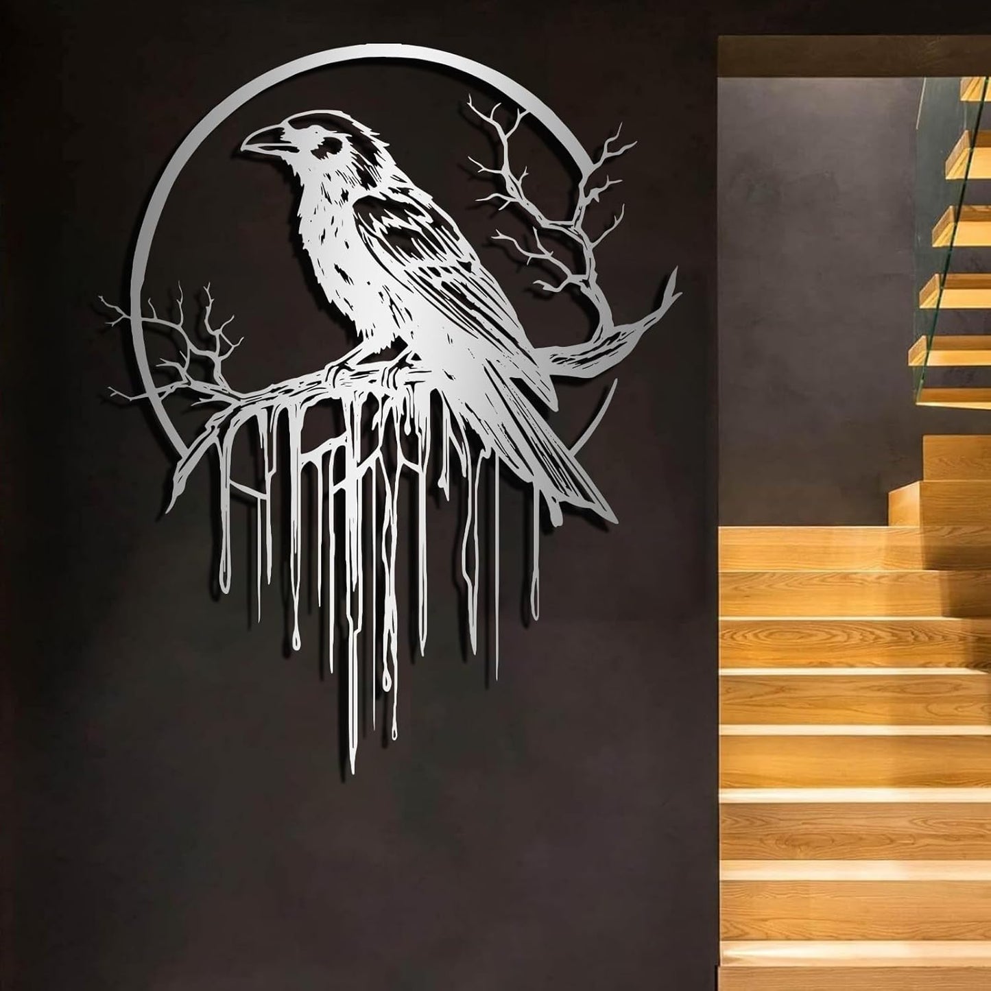 Crow Metal Wall Decor, Raven Wall Art, Large Gothic Raven Decor Hangings, Bird Wall Decor, Metal Tree Branch Decor, Ravens Sign, Raven Art for Living Room (Silver, 31"x25" | 80x64cm, metal wall art)