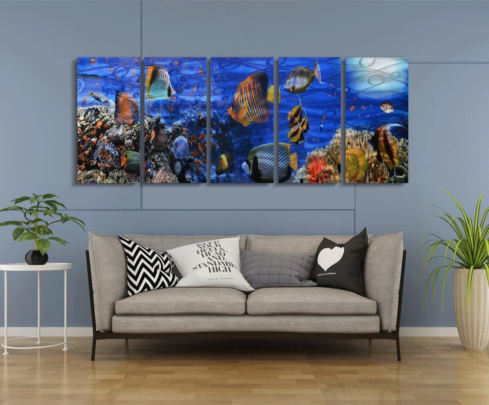 Yihui Arts Handcrafted Colorful Fish Metal Wall Art, Large Metal Wall Art in Modern Ocean Design, 3D Wall Art for Modern and Contemporary Decor, 5-Panels, Metal Wall Decor Works