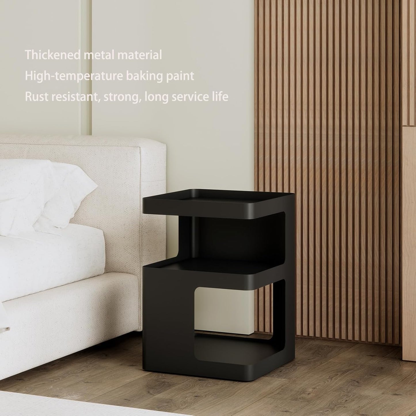 Modern Side Table,Small end Tables for Small Spaces,Black Metal nightstand,Bedside Tables,Accent Table with Storage for Couch, Bedroom,Living Room.No Assembly Required