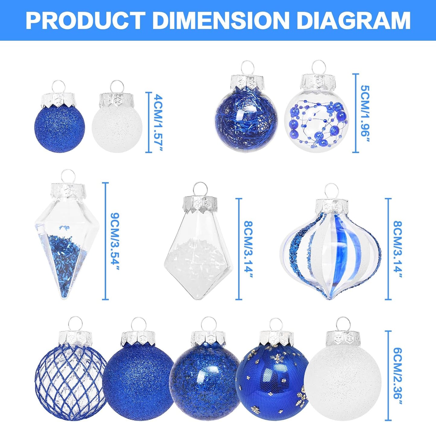 Christmas Ball Ornaments Set, 34PCS Clear Plastic Shatterproof Christmas Ornaments for Xmas Tree Hanging Decorations, for Indoor Home Thanksgiving Winter Party Decor - Blue/White.