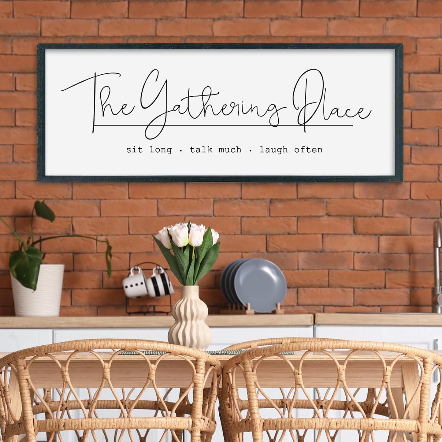 SRSZHIYUE The Gathering Place Sign Wall Decor Art 40"×15" for Large Kitchen Dining Room Wood Framed Wall Hanging (Black)
