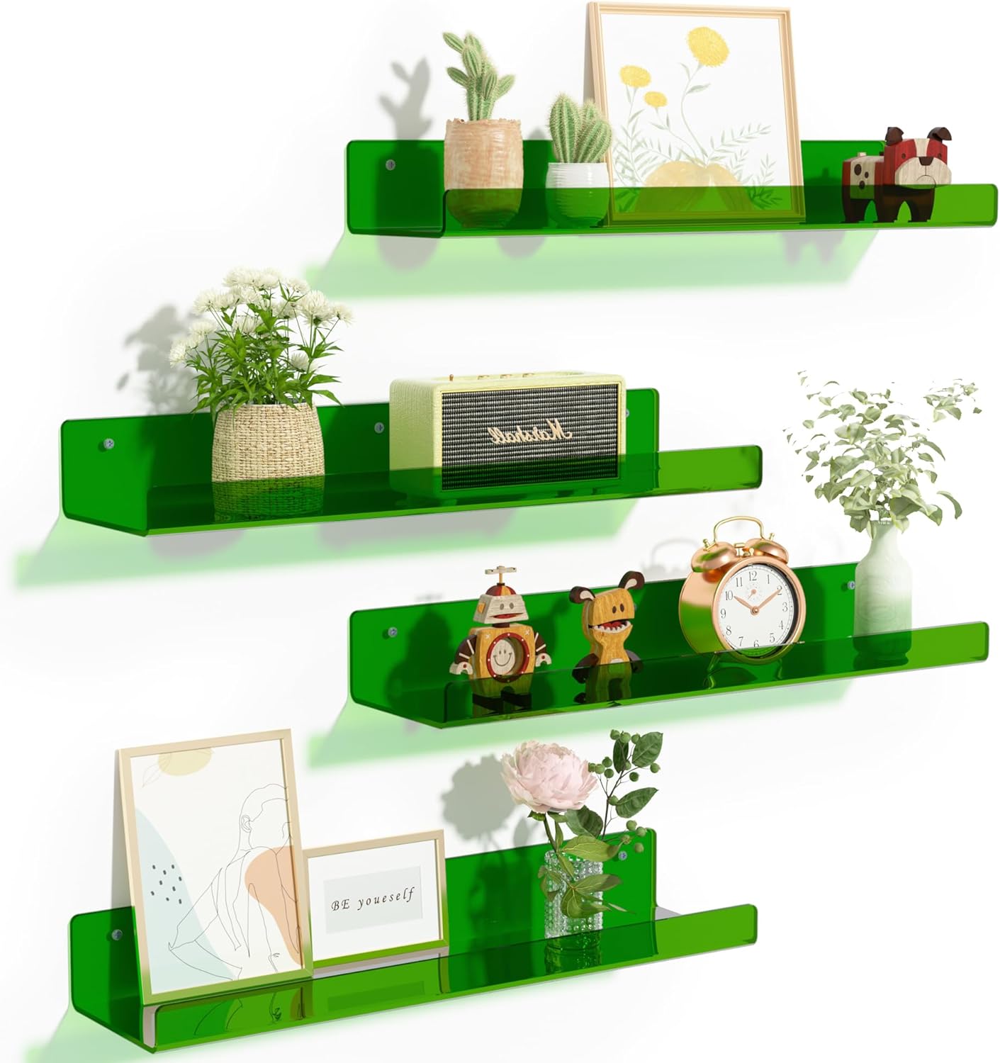 upsimples Acrylic Shelves for Wall Decor, 15" Display Shelf Perfume Organizer for Bathroom, Bedroom, Living Room, Floating Bookshelves for Kids, Clear Green, 4 Pack
