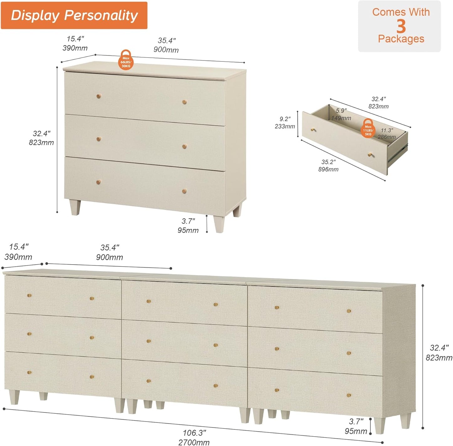 WAMPAT Dresser with 9 Drawers for Bedroom, 106" Wide Wooden Chest of Drawers, Modern Long Dressers Closet Storage Organizer with Solid Wood Legs for Living Room, Kids Room, Nursery, Beige