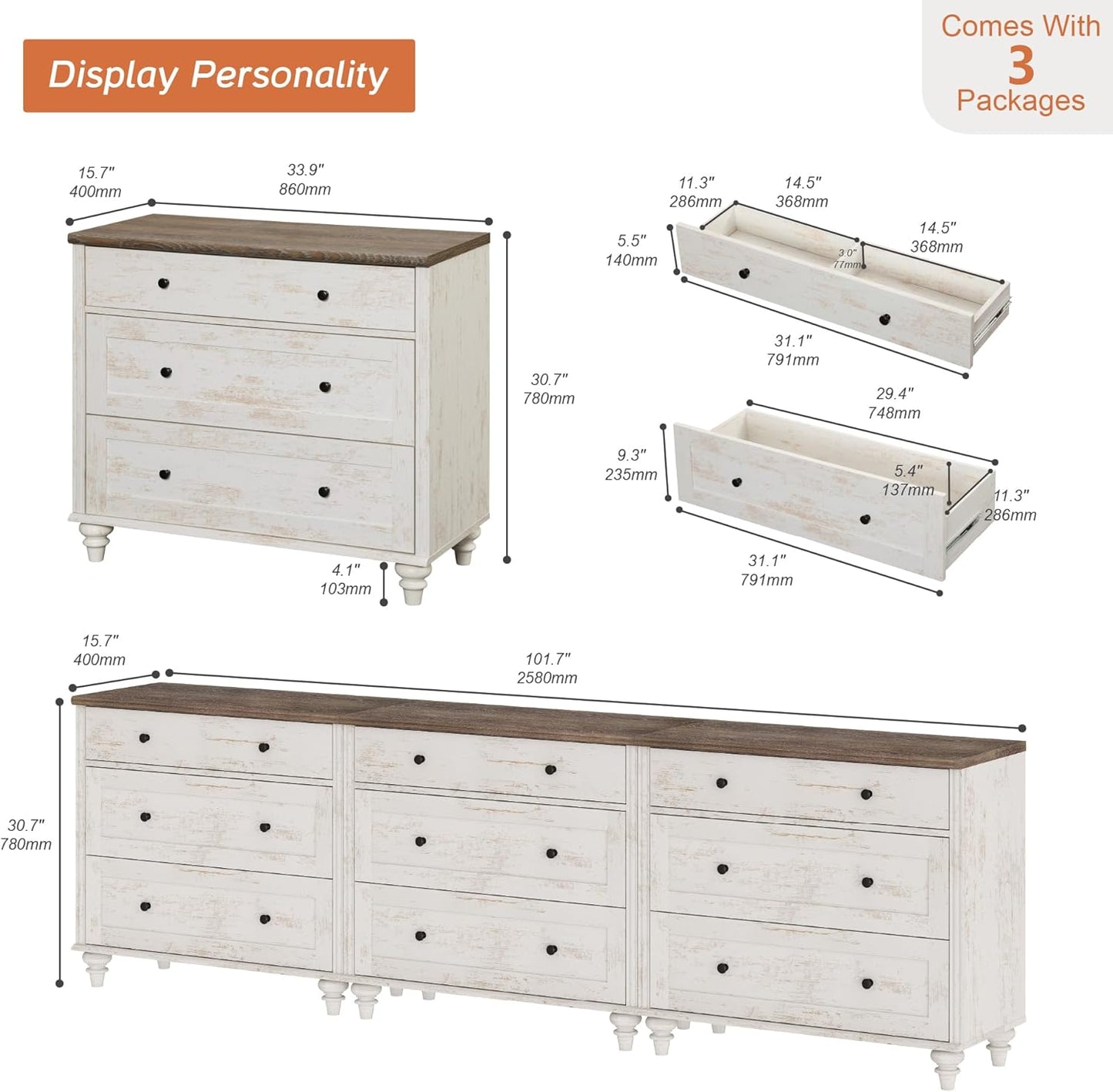 WAMPAT Kids Dresser for Bedroom with 9 Drawers, Baby Dressers with Wide Chest of Drawers, Farmhouse Wooden Closet Storage Organizer, Large Wood Dressers for Living Room, Nursery, Hallway, Rustic White