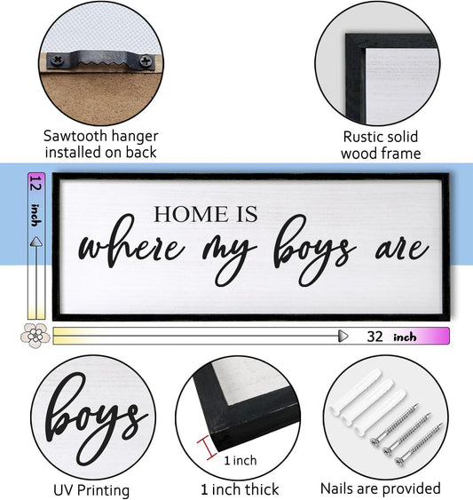 Home is Where My Boys are Sign Framed Wall Art, 32''×12'' Rustic Horizontal My Son Plaque with Black Frame for Baby Kid Boy Son Teen Toddlers Room, Horizontal Mom of Boys Gifts Nursery Decor