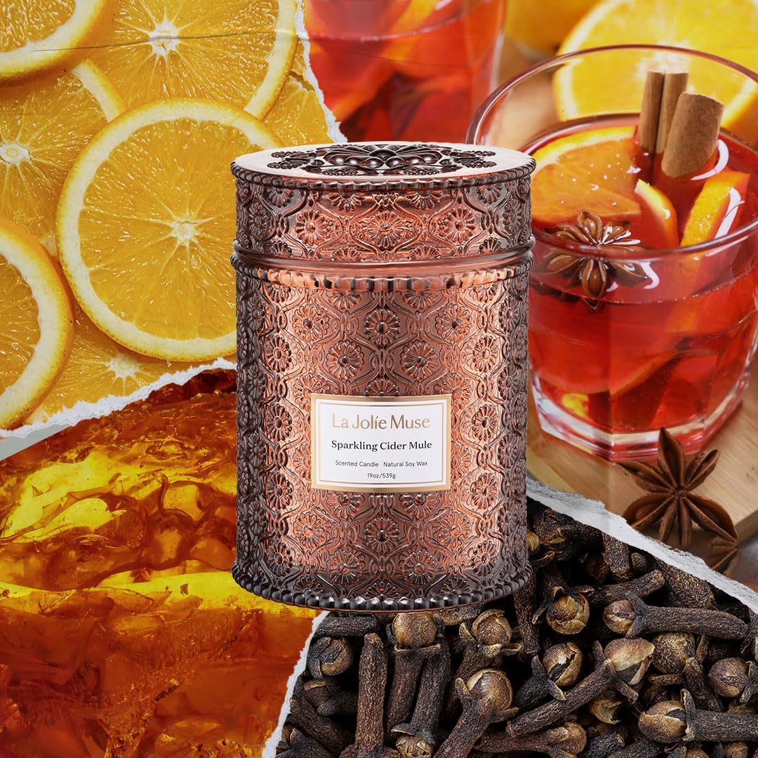 LA JOLIE MUSE Fall Candle | Sparkling Cider Mule Candle – Apple Cider, Orange & Amber | 19 oz Wooden Wick | Clean Burn & Vibrant Scent | Fun Gift for Hosts & Fall Tablescapes