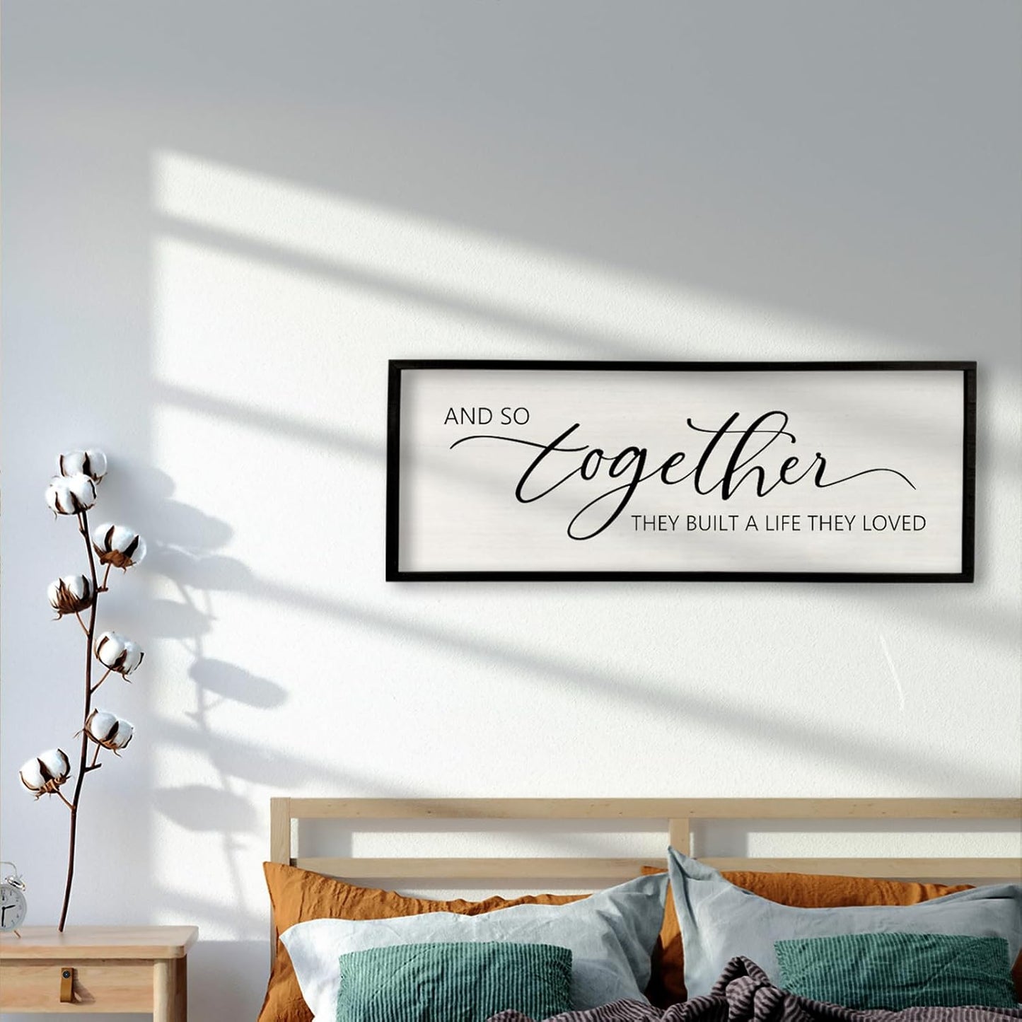 And So Together They Built A Life They Loved Framed Wood Farmhouse Sign - 32'X12' Master Bedroom Above Bed Wall Art for Love Sign Decor (Black)