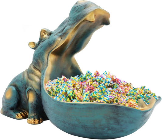 aboxoo Hippo Statue,Large Hippopotamus Figurine Home Sculpture with Resin, Hippo Candy Jar, Candy Dish Bowl for Office Desk, Key Bowl for Entryway Table,Container Storage Art Decor Box(Dark Blue)