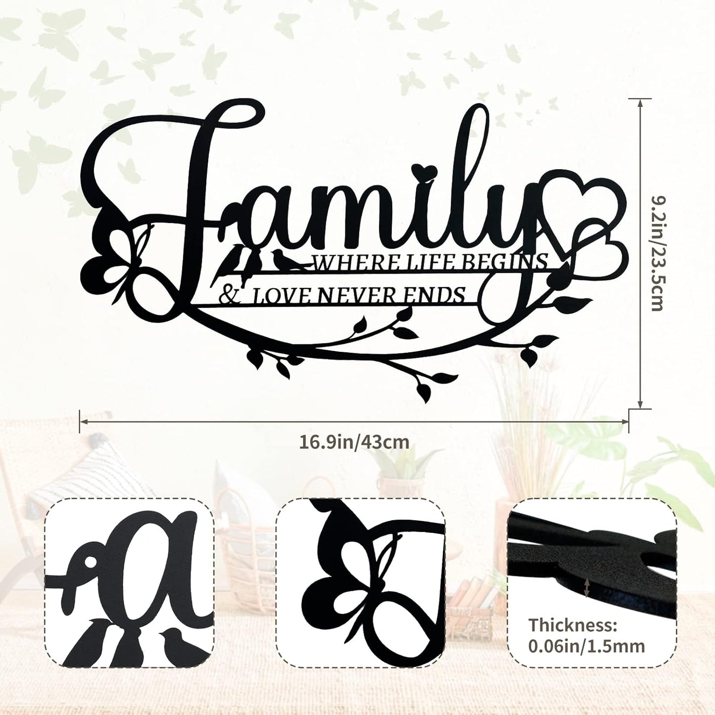 Family Sign Black Metal Wall Art Decor, Oppro Family Where Life Begins Love Never Ends Wrought Iron Wall Decorations, Hanging Plaque Letters Signs Home Decor for Living Room Bedroom Dining Room Kitchen Mother's Day Father's Day