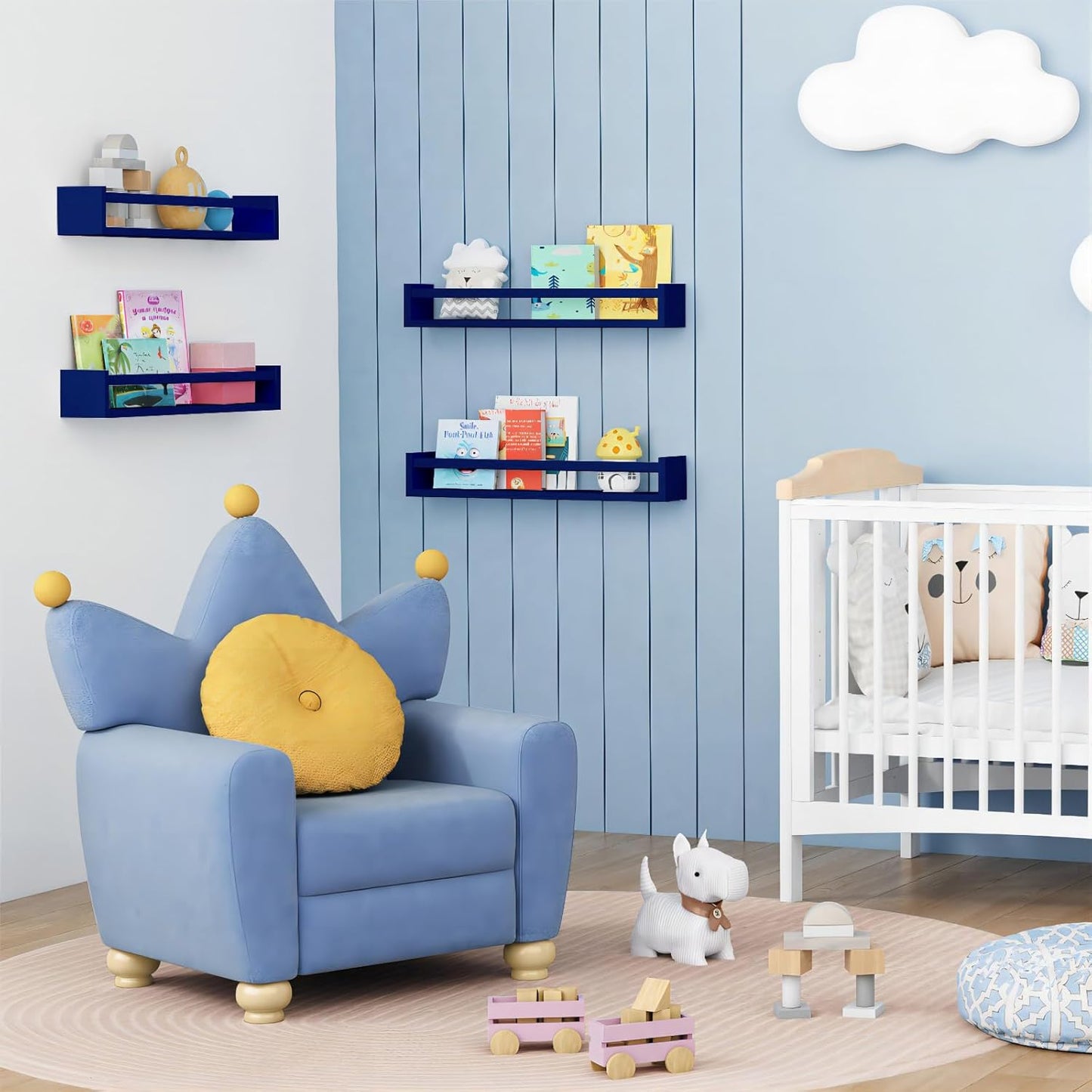 Forbena Wall Book Shelf Organizer for Kids Room Set of 4, Large Floating Book Shelves for Boy Nursery Wall Deocr, 24 Inches Wall Mount Bookshelf for Toddler Child Teen Boys Bedroom (Navy Blue)