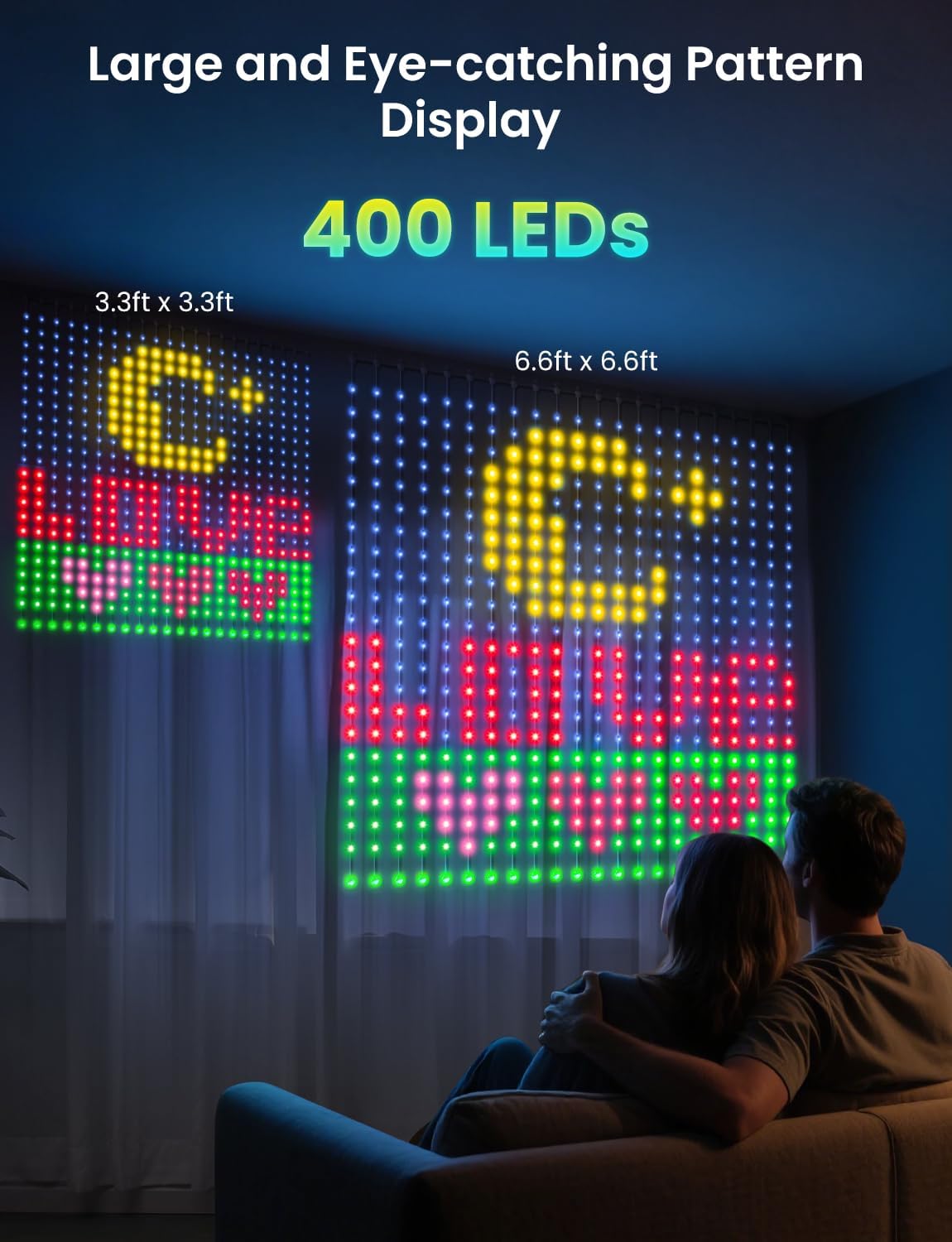 Smart LED Curtain Lights, RGB+IC Color Changing Holiday Wall Lights, 6.6x6.6ft 400 LEDs, Indoor Dynamic DIY String Lights, APP Remote Control, for Bedroom, Living Room, Window Decor, Party, Wedding