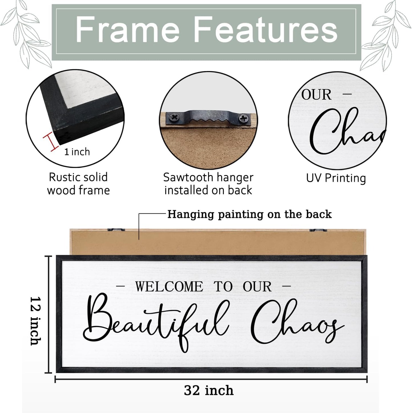 Welcome To Our Beautiful Chaos Sign Wall Decor Framed Wood 32X12 Inch For Rustic Home Living Room Entryway Bedroom Hanging Art (Black)