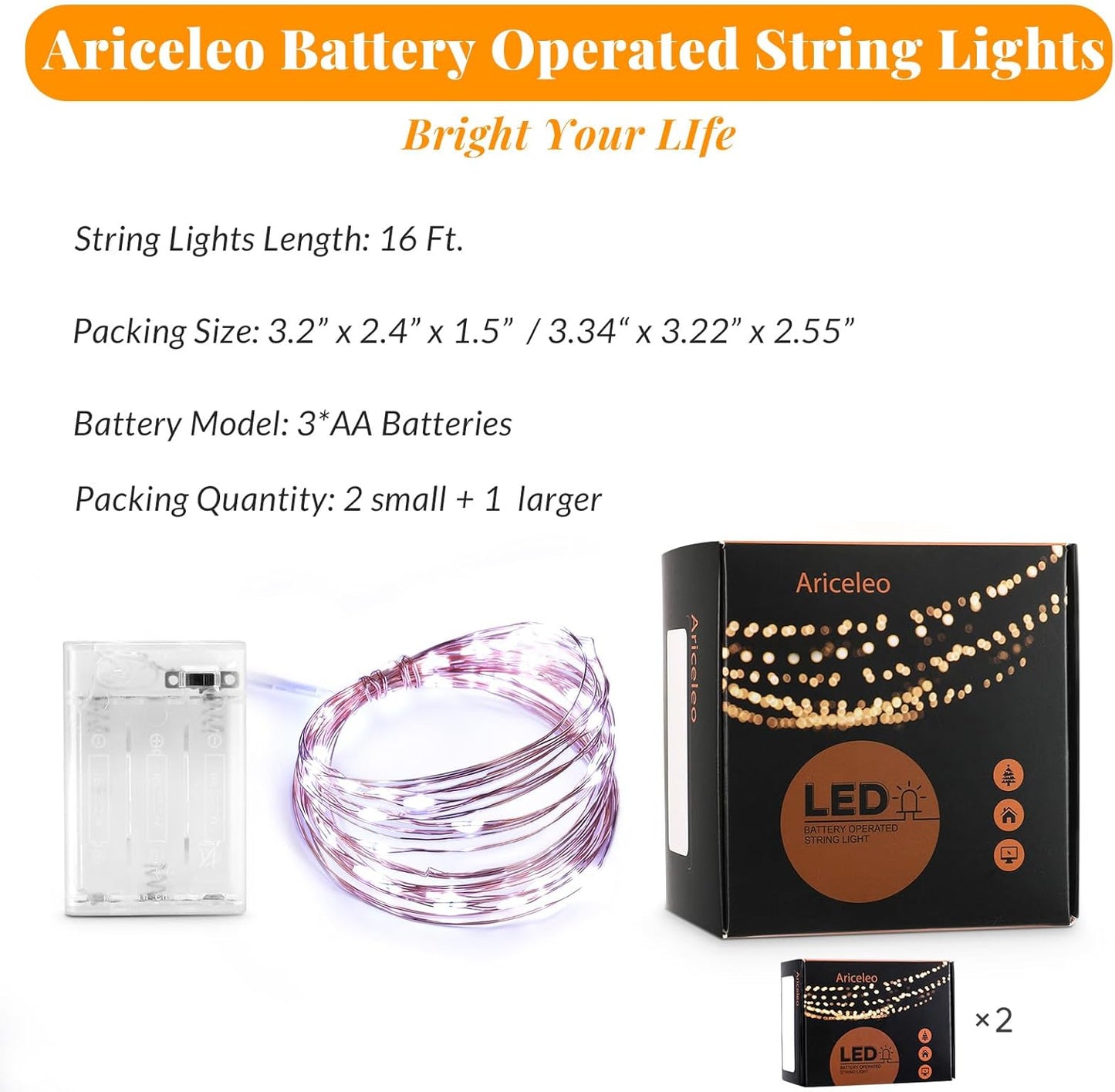 Led Fairy Lights Battery Operated, 2 Packs Mini Battery Powered Copper Wire Starry Fairy Lights for Bedroom, Christmas, Parties, Wedding, Centerpiece, Decoration (5m/16ft Cool White)