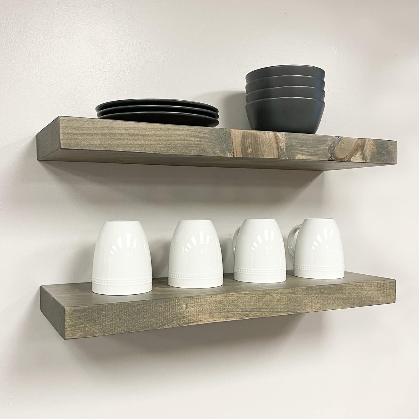 URBANDI, Rustic Floating Shelves, Set of 2, Hidden Bracket, Solid Wood, Heavy Duty, Wall Mounted Shelves, (Grey, 48Wx6D)