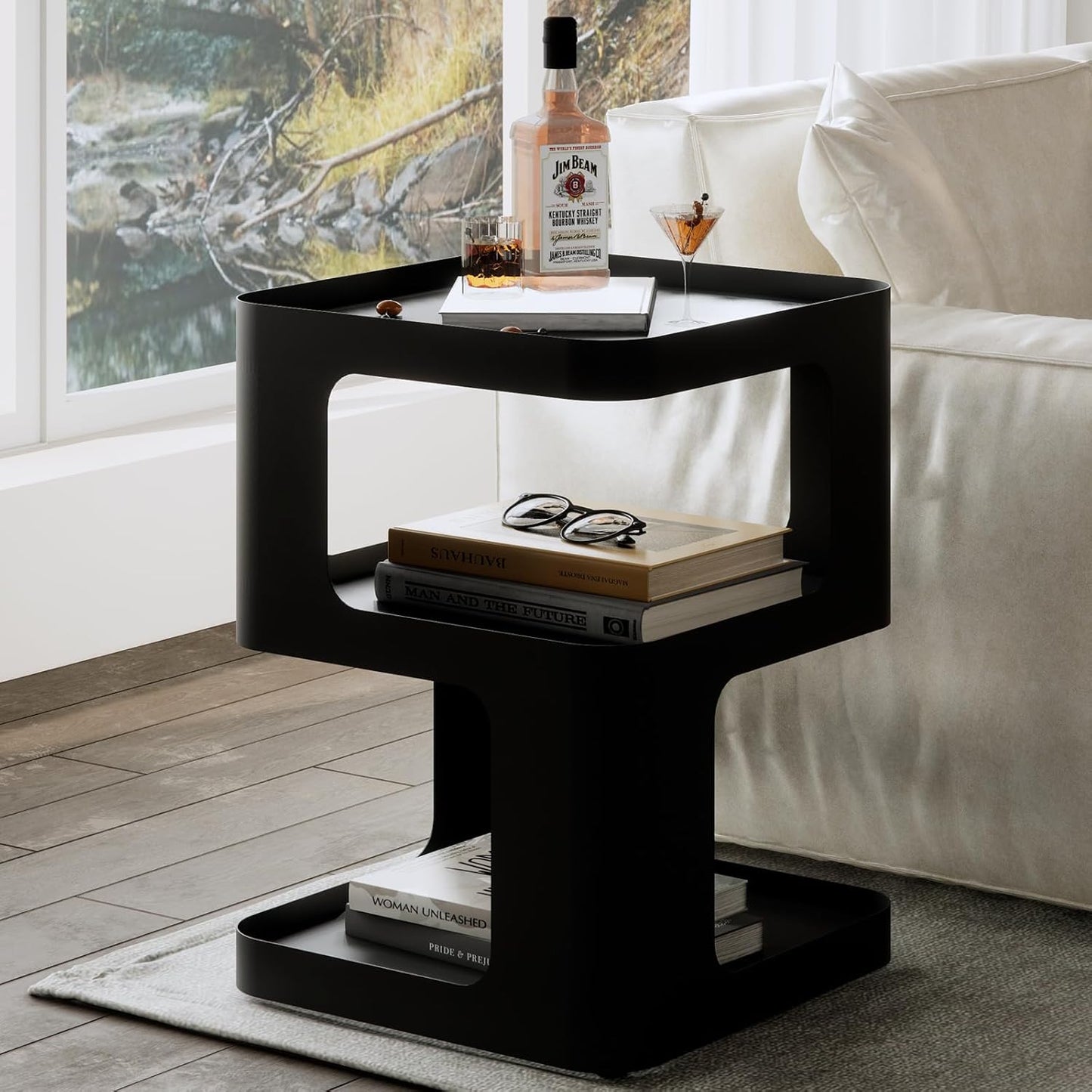 Side Table,Modern end Table,Unique nightstand,Bedside Table,Black Metal Night Stand with Storage,Accent Side Table for Couch,Bedroom,Living Room.No Assembly Required