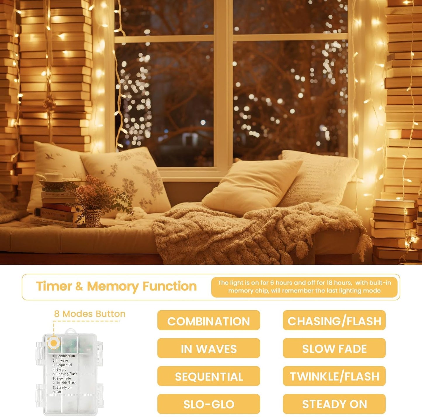 2 Pack String Lights Battery Operated with Timer, 66FT 200 LED Waterproof Battery Twinkle Lights, 8 Modes Fairy Light for Indoor & Outdoor Party Bedroom Garland Tree Christmas Decorations (Warm White)