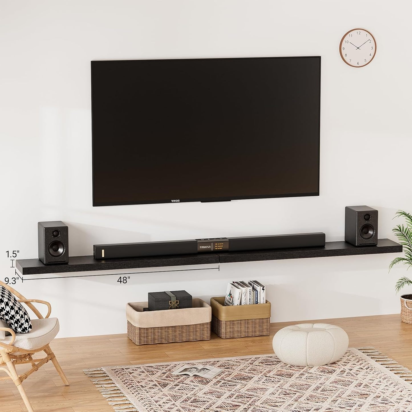 Heimlove Floating Shelves for Wall 48 Inches Long,9.3" Deep Black Floating Shelf Set of 2,Wall Mounted Wood Shelves for Bathroom Bedroom Living Room Kitchen Office,Shelf for Books Storage Room Decor