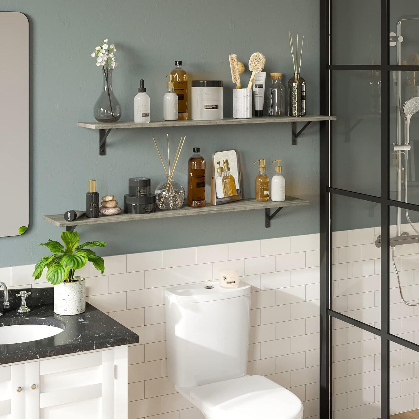 DINZI LVJ Long Wall Shelves, 55.1Inch Wall Mounted Shelves Set of 2, Extra Large Floating Storage Ledges with Sturdy Metal Brackets for Living Room, Bathroom, Bedroom, Kitchen, Gray Wash