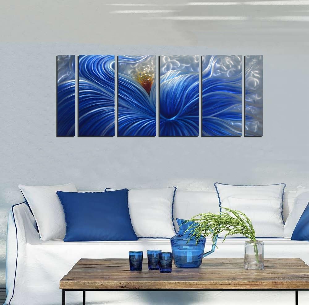 Metal Wall Art with Huge Blue Flower Design, Abstract Artwork for Modern and Contemporary Decor, Metal Wall Sculpture, Indoor Outdoor Wall Decorations, 6-Panels Measure 65" x 24"