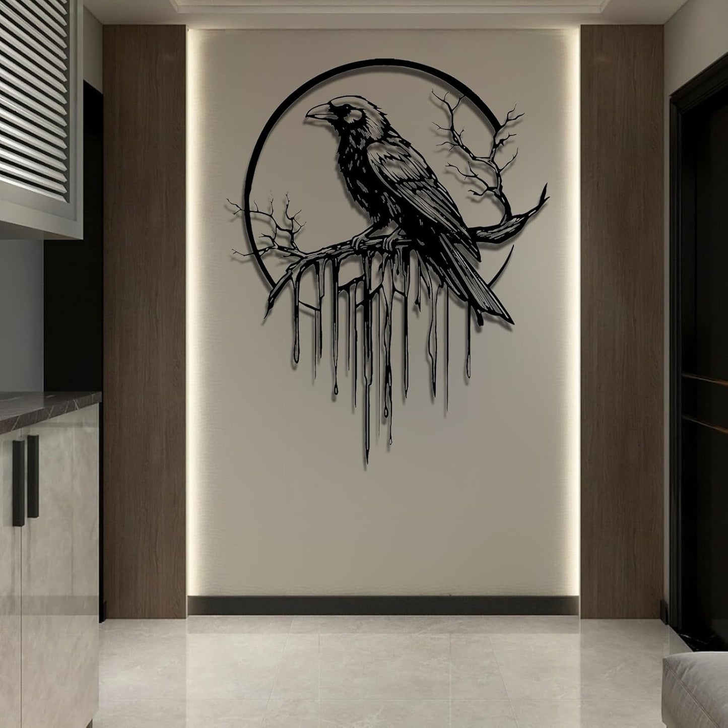 Crow Metal Wall Decor, Raven Wall Art, Large Gothic Raven Decor Hangings, Bird Wall Decor, Metal Tree Branch Decor, Ravens Sign, Raven Art for Living Room (Black, 35"x28" | 90x72cm, metal wall art)