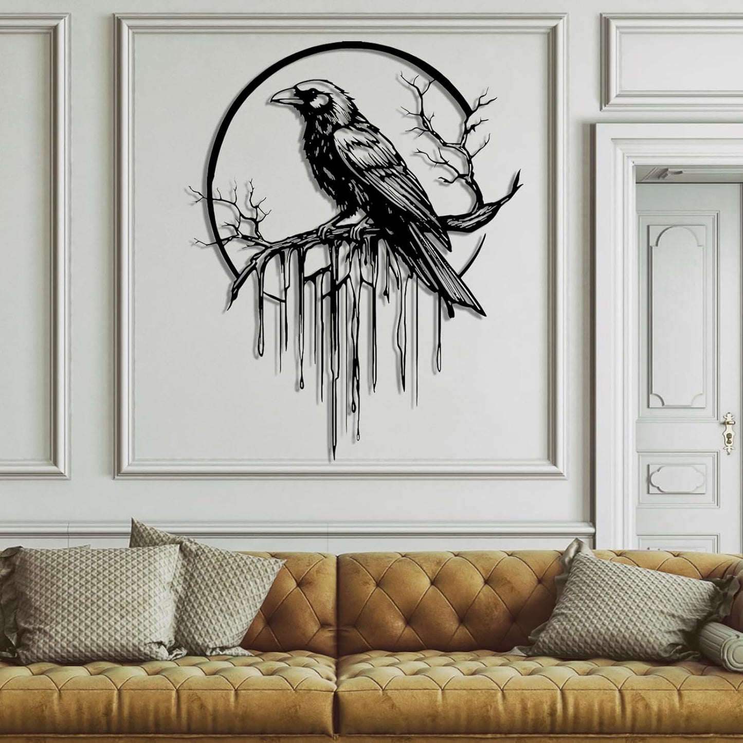 Crow Metal Wall Decor, Raven Wall Art, Large Gothic Raven Decor Hangings, Bird Wall Decor, Metal Tree Branch Decor, Ravens Sign, Raven Art for Living Room (Silver, 31"x25" | 80x64cm, metal wall art)