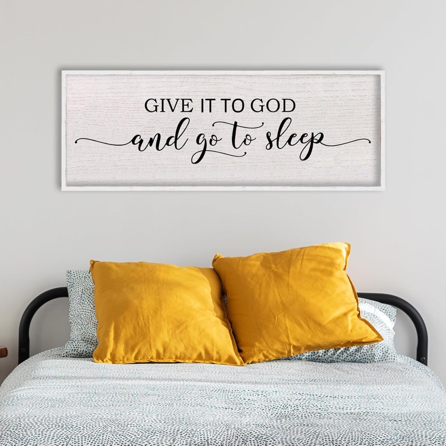 Give It To God And Go To Sleep Above Bed Wall Decor Sign 40"X15" Master Bedroom Over Bed Wall Wood Framed Art (White)