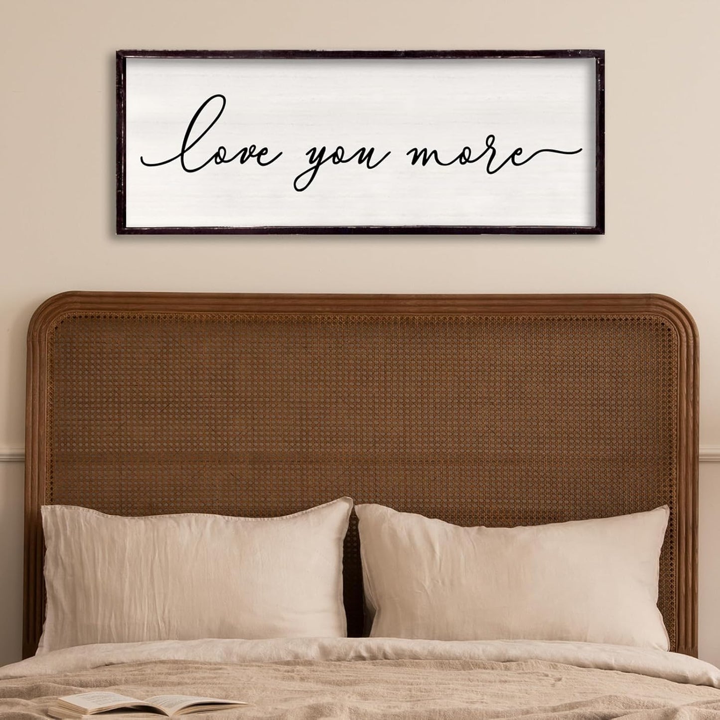 Love You More Above Bed Wall Decor Sign 32"×12" for Master Bedroom Over Bed Large Simple Wood Framed Hanging Wall Art (Black)