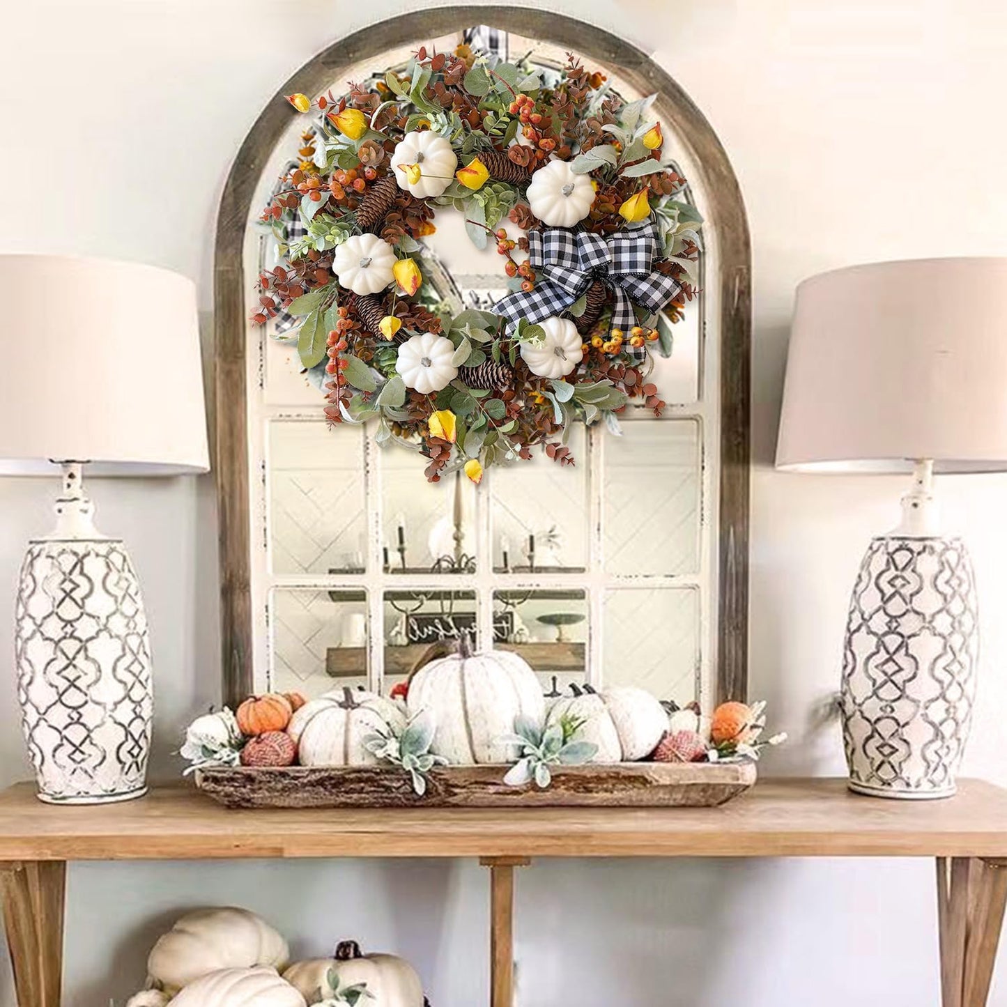 WANNA-CUL 24 inch Large Farmhouse Fall Wreath Decor for Front Door with White Pumpkin,Cotton,Lamb's Ear and Eucalyptus Leaves,Harvest Door Wreath for Autumn or Thanksgiving Decorations