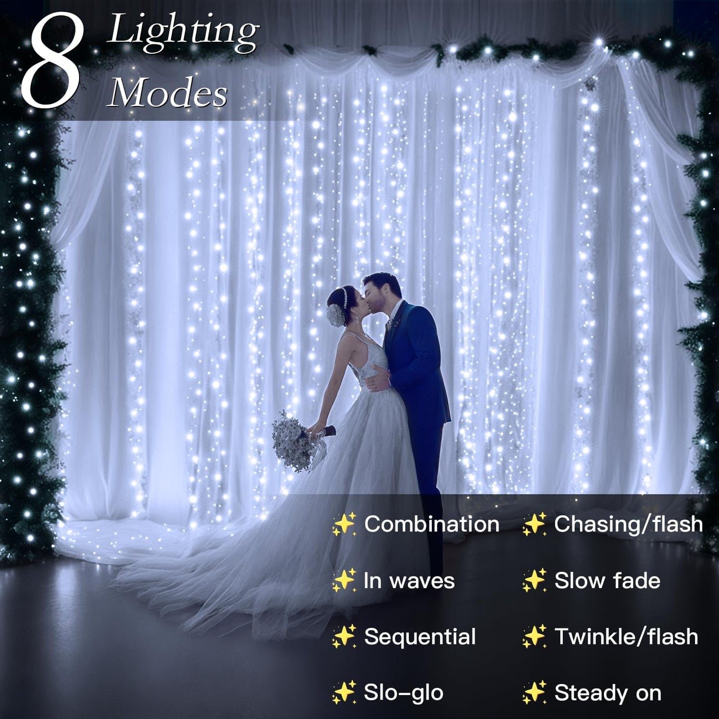 300 LED Curtain String Lights 9.8FT Plug in Fairy Lights with Timer and 8 Modes, Waterproof Window Wall Lights for Bedroom Wedding Party Indoor Outdoor Christmas Decor