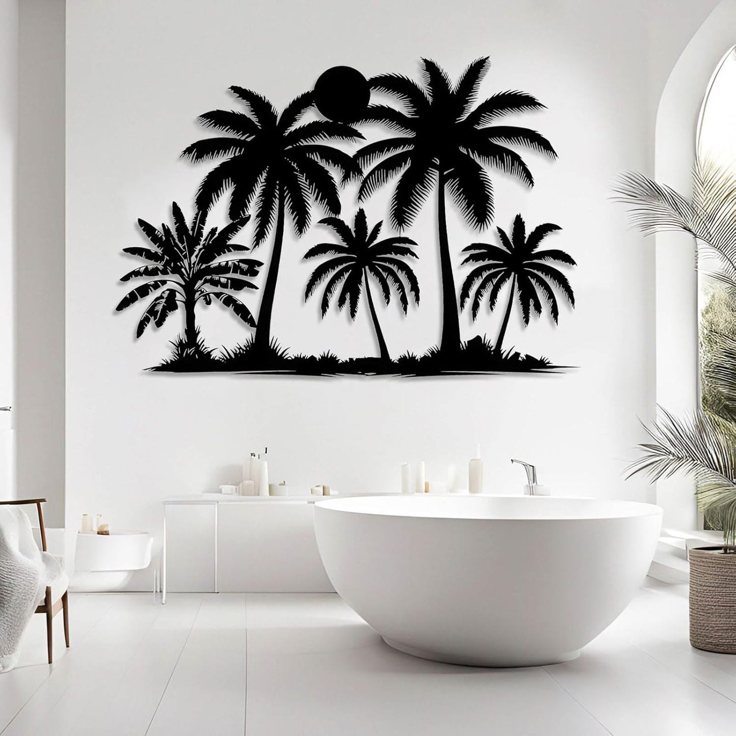 Tuglona Metal Palm Tree with Sunset Wall Decor, Tropical Palm Tree Metal Wall Art, Tropical Wall Decor, Sun Wall Art, Beach Wall Decoration, Coastal Trees Wall Hanging (Silver, 41"x29"/105x73cm)