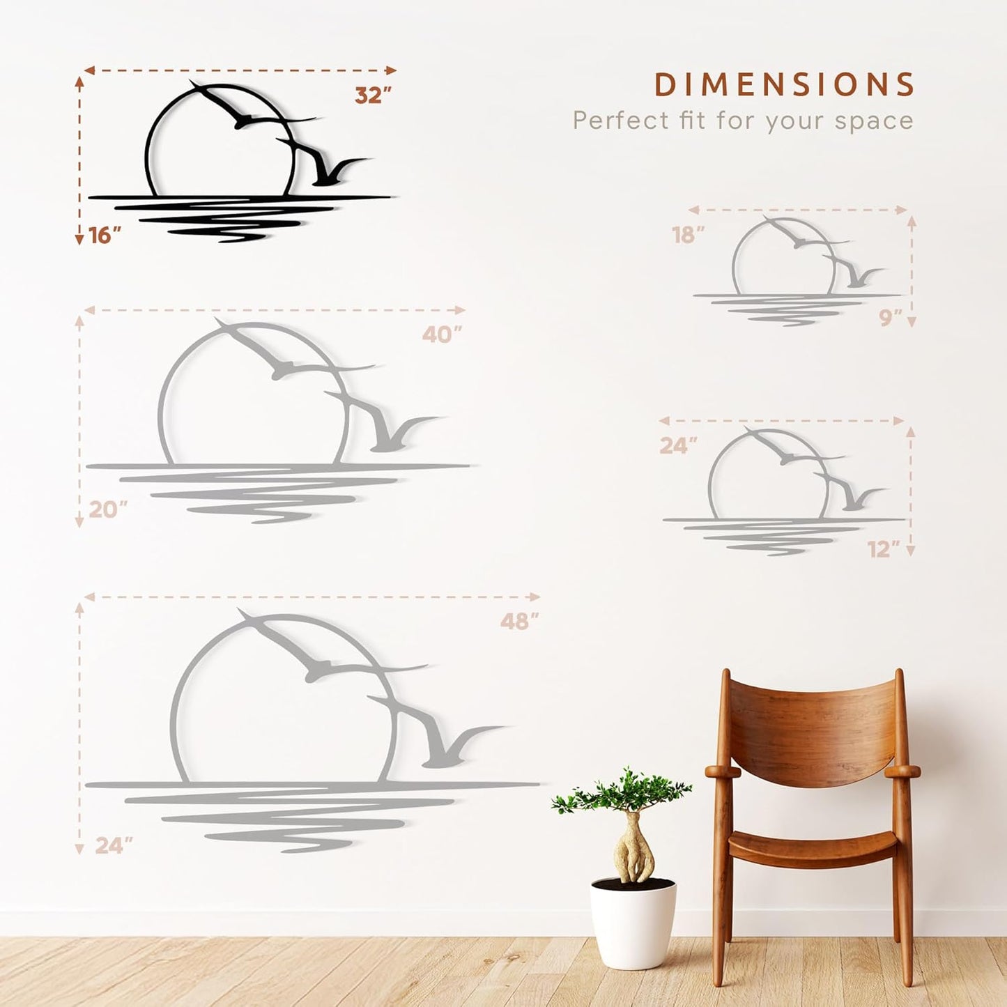 Wita Home Sunset with Seagulls Metal Wall Mounted Art, Handcrafted Metal Home Decor with Static Powder Coating, Eye-Catching Addition to Living Room Decor, Modern Beach Decor for Indoor and Outdoor Spaces, Perfect Housewarming Gift (32 x 16 inches)