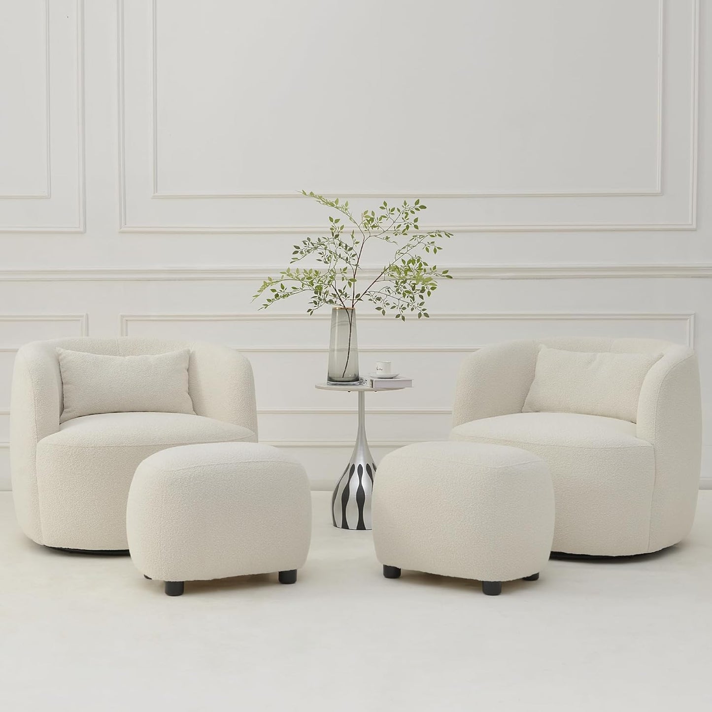 KINWELL 34" Wide 2 Boucle Swivel Barrel Chairs and 2 Ottomans Set, Fully Assembled Sherpa Accent Chairs and Footrest Set, Modern Comfy Armchairs and Footstool for Living Room and Bedroom, Beige