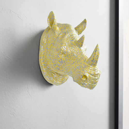 Rhino Head Wall Mount Resin Safari Animal Sculpture, Modern Faux Decor for Living Room Bedroom Office Realistic Wildlife Art Bust Yellow