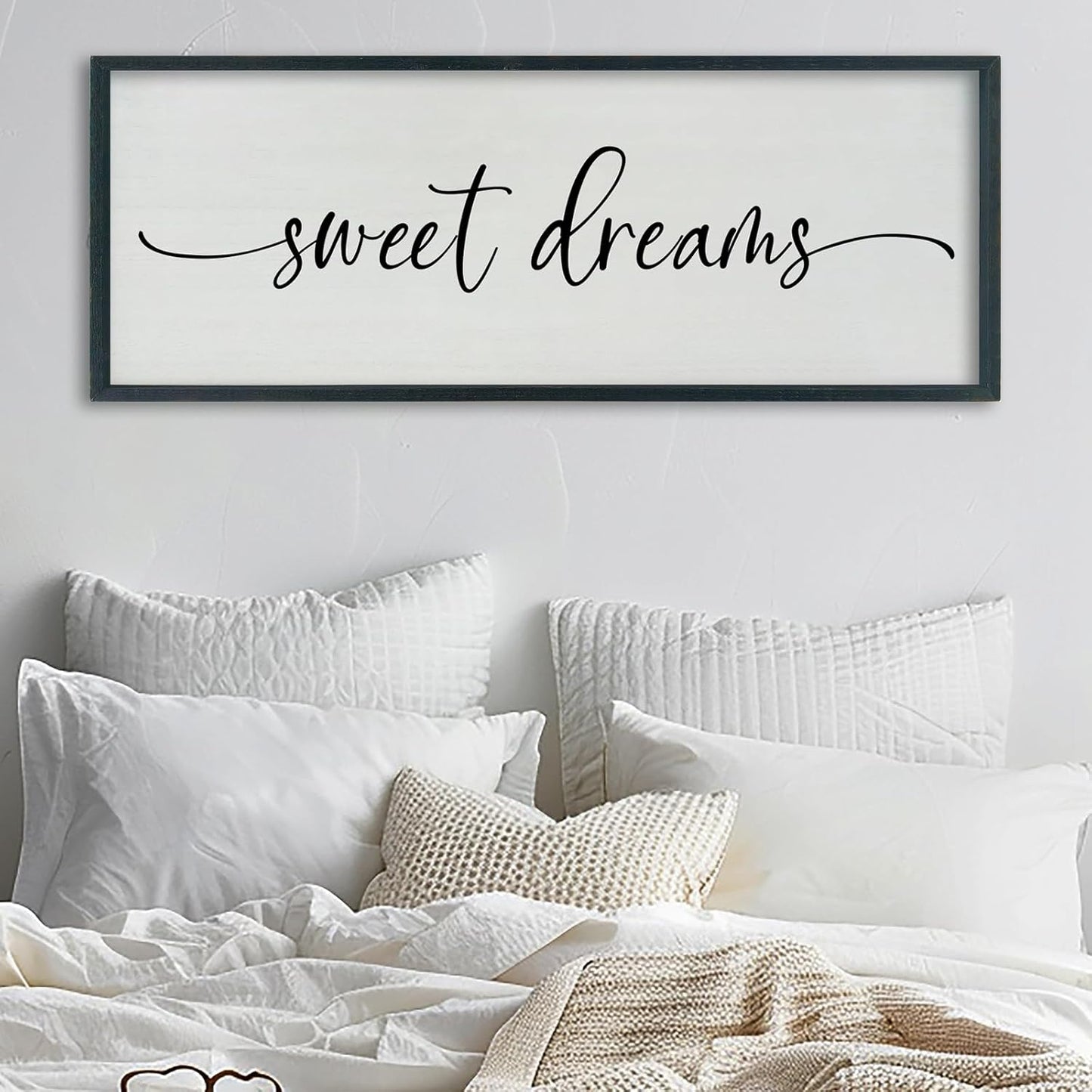 SRSZHIYUE Sweet Dreams Above Bed Wall Decor, 40"x15" Large Rustic Master Bedroom Over Bed Sign Guest Room Couples Wood Framed Farmhouse Horizontal Hanging Decoration (Black)