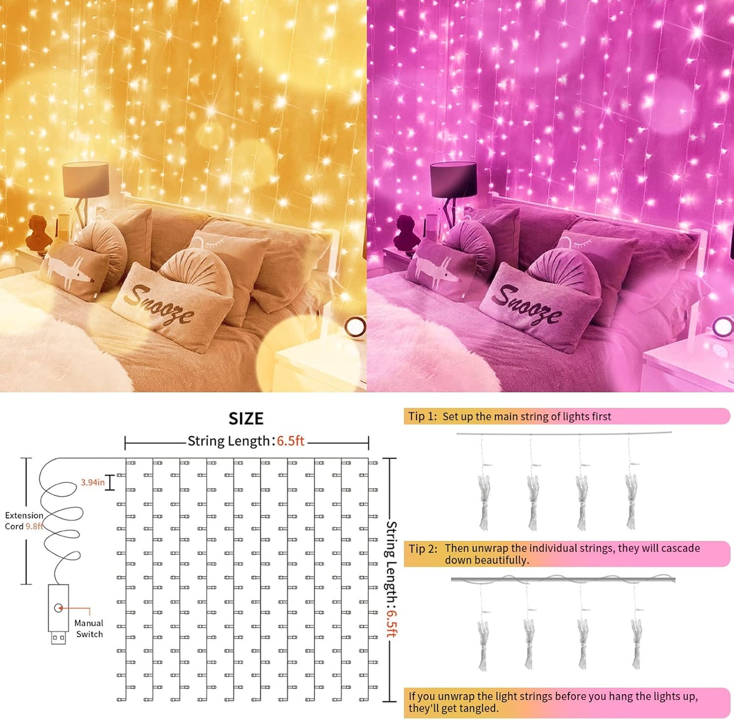 suddus Color Changing Curtain Lights, 200 Led 6.5ft x 6.5ft Hanging String Lights Outdoor, Fairy Curtain Lights for Bedroom, Window, Wall, Wedding, Party, Birthday Decor Warm White & Fuchsia