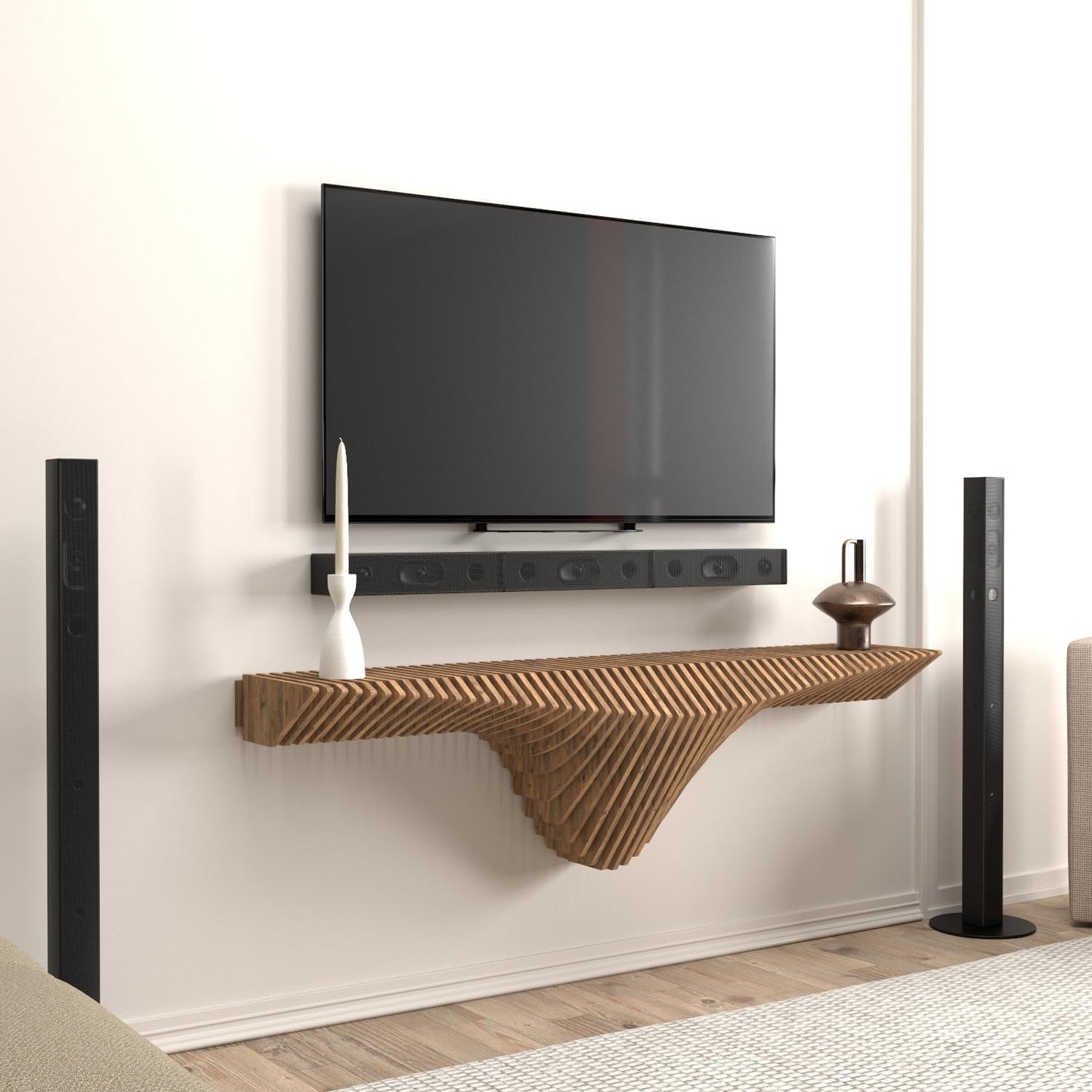 Parametric 50 inch Floating Shelf TV Unit Modern Geometric Wooden Wall Piece Decor Natural Oak Color 3D Wavy Living and Gaming Room Shelf