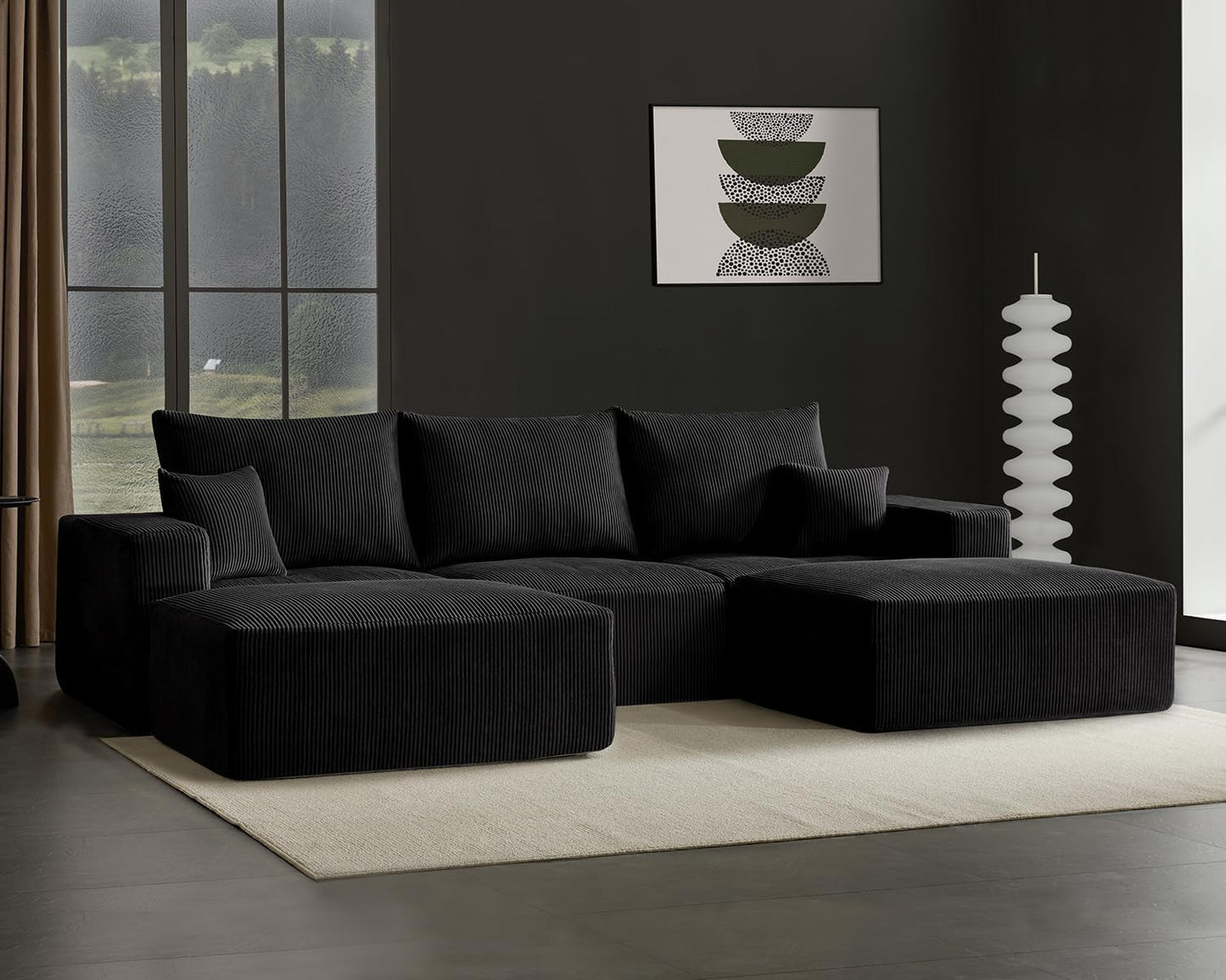 40" Square Stuffed Ottoman Pouf for Sofa Couch, Corduroy Poufs with Foam Chunk Filling, Furry & Fluffy Foot Stool Movable Ottoman. 40 * 31 Floor Poufs Foot Rest for Living Room, Black