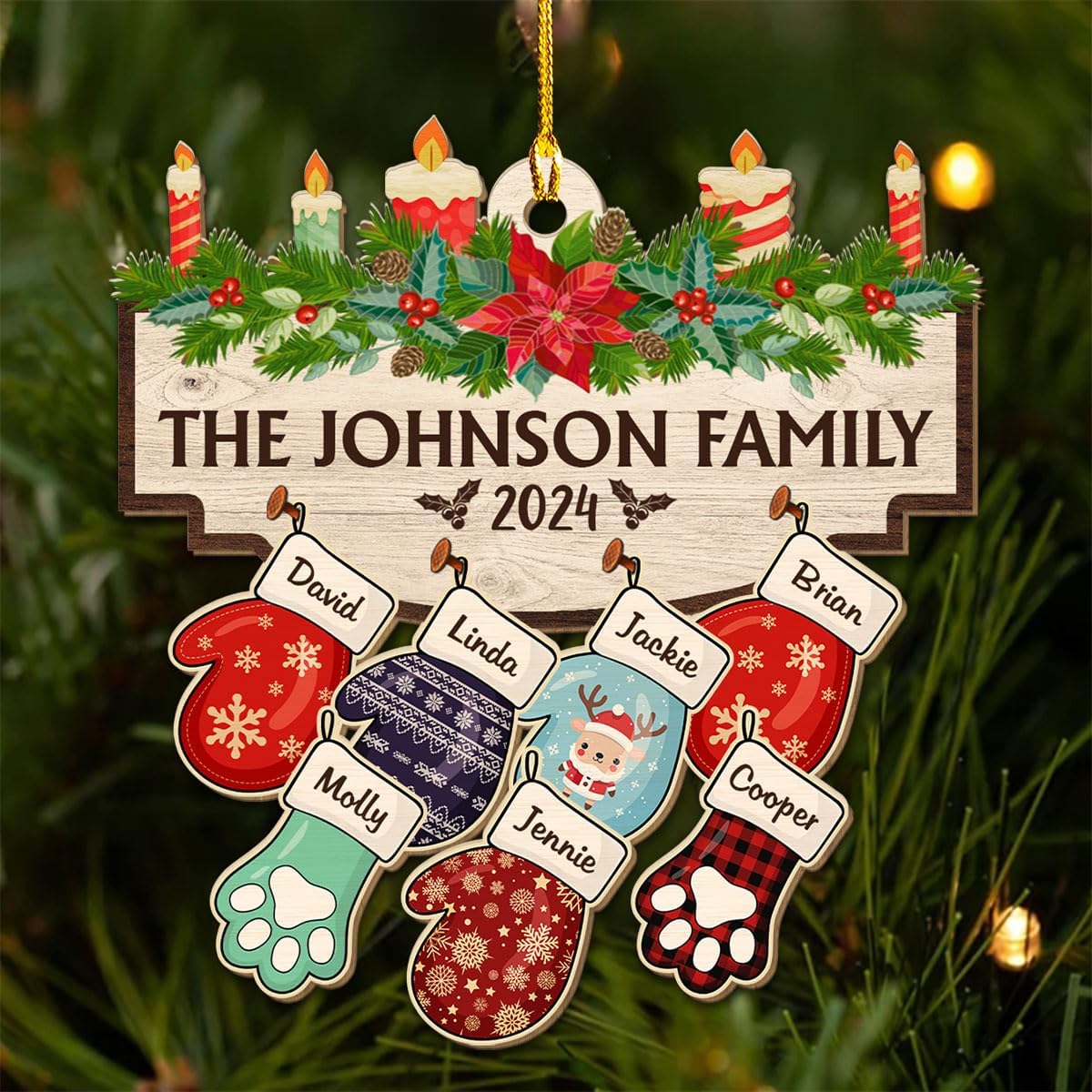 Family with Pet Ver 2 - Personalized Custom Wood Ornament, Family Gloves Christmas Ornament 2024, Xmas Ornament Gifts for Family Tree Decoration (A06, 2 Names)