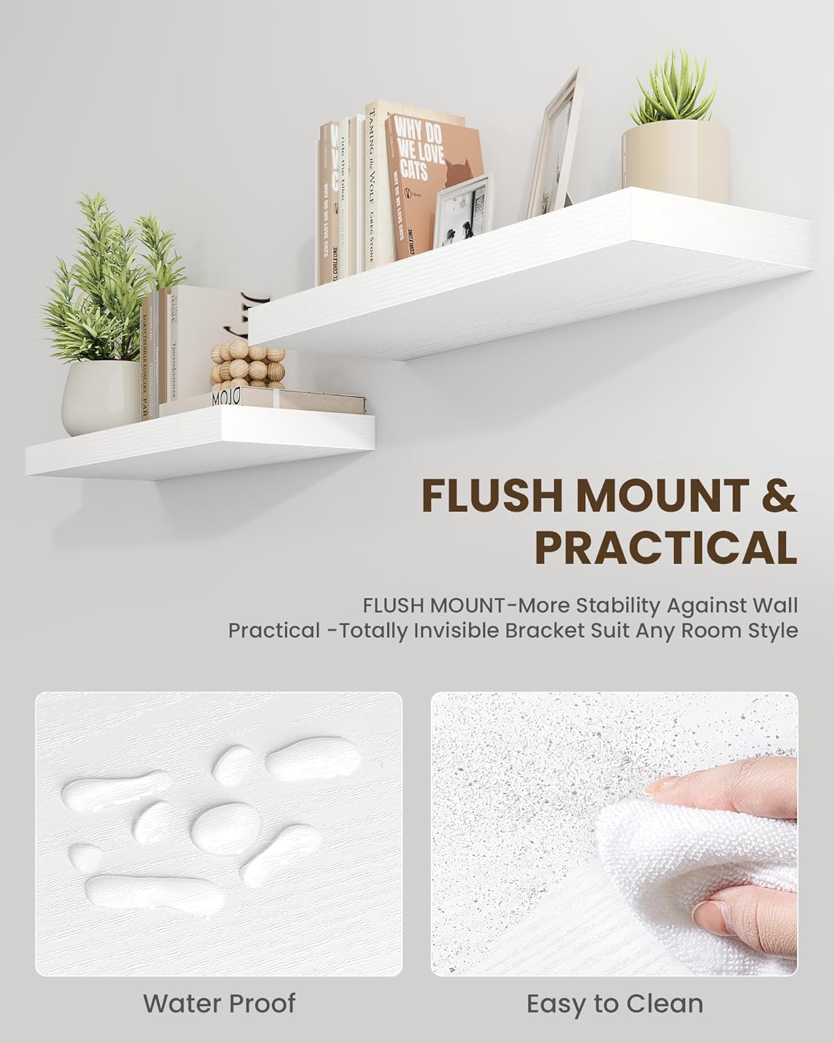 Marsmiles 36" Floating Shelves for Wall, Wooden Shelves with Invisible Brackets Set of 2, Rustic Farmhouse Wall Mounted Shelf for Kitchen Bathroom Living Room Study, White