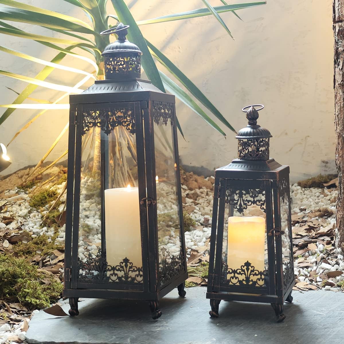 NEEDOMO Lanterns Decorative Outdoor & Indoor, Set of 2 Outdoor Lanterns for Porch,Large Candle Lantern, Bronze Metal Frame with Glass for Fall, Christmas