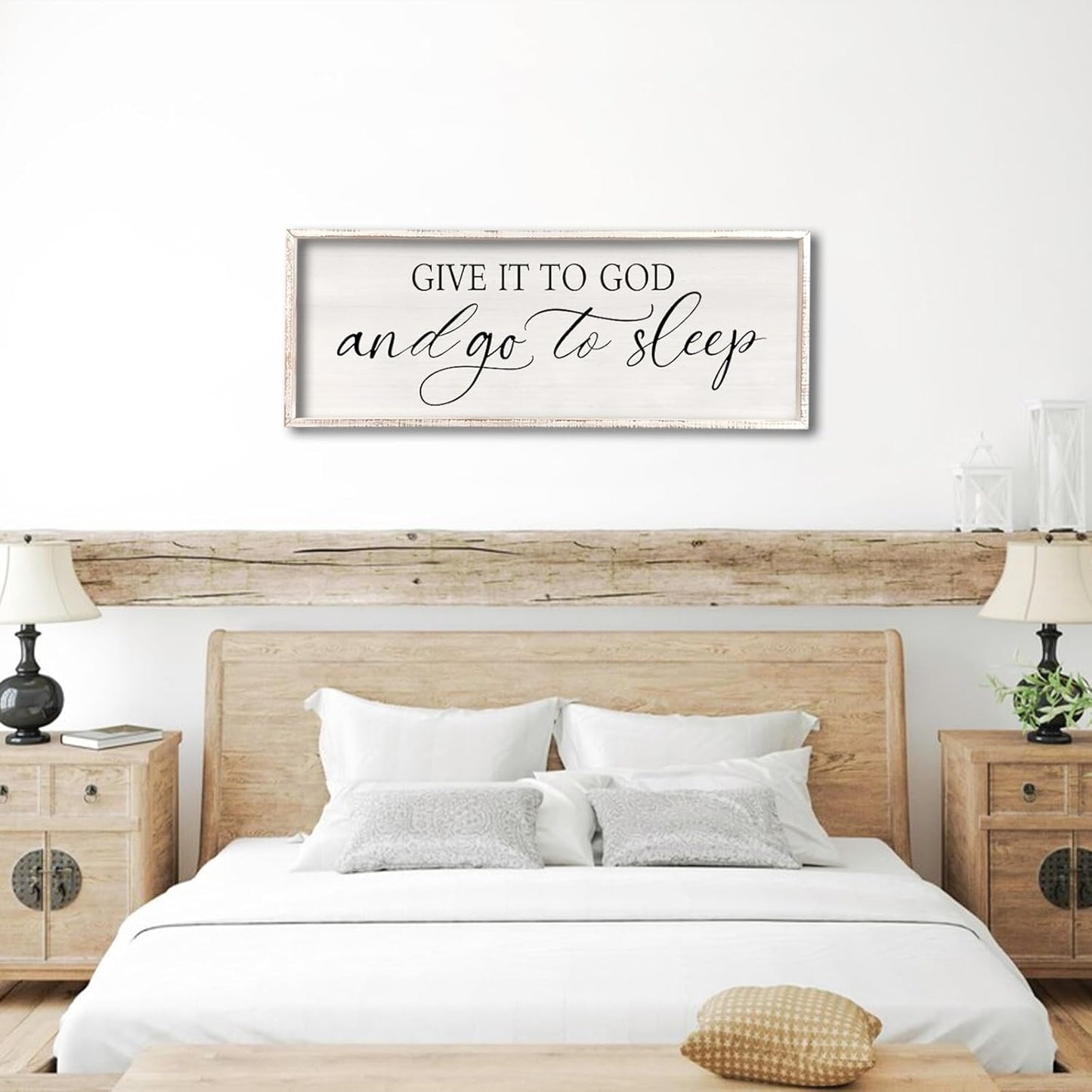 comurdyo Give It To God And Go to Sleep Sign 32''×12'' Master Bedroom Above Bed Wall Decor Wood Framed Couple Large Farmhouse Guest Room Rustic Simple Over Bedside Wall Art Hanging Decor (White)