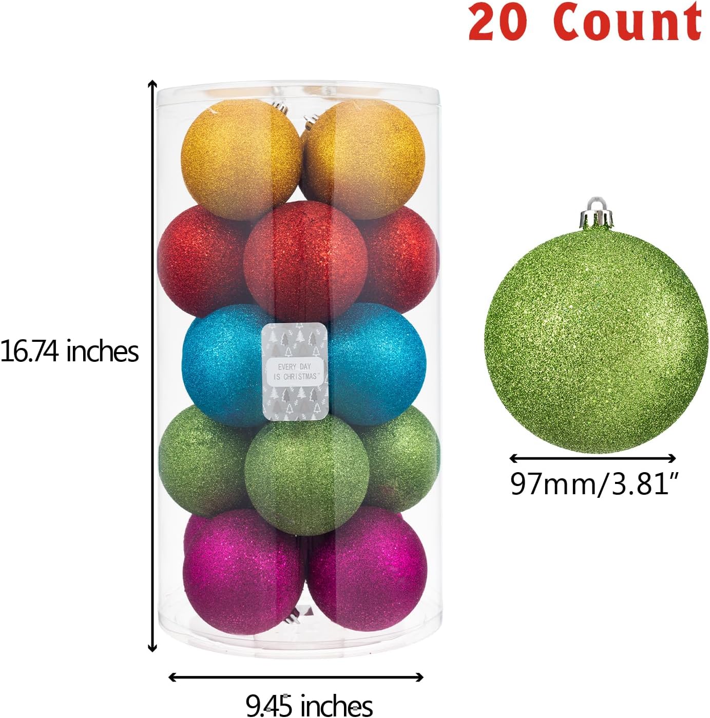 Every Day is Christmas 20ct Christmas Ornaments, Shatterproof Christmas Tree Ornaments Set, 92cm/3.6" Christmas Balls Decoration