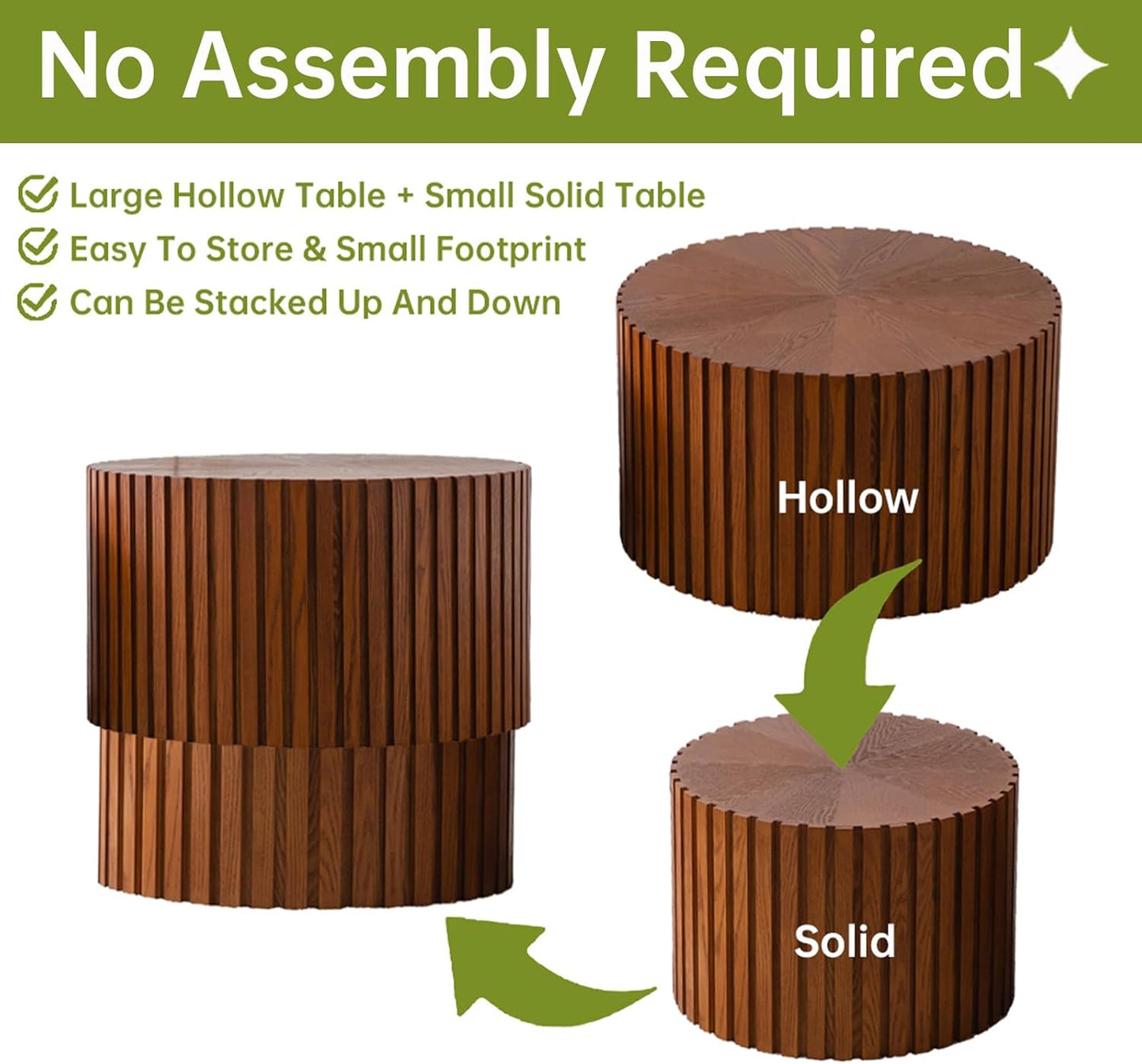 Round Nesting Coffee Table, Drum Wood Coffee Table Set of 2 Brown, Modern Fluted Nesting Tables Circle Center Table 2 Piece for Small Spaces Living Room Bedroom Balcony Office, No Assembling