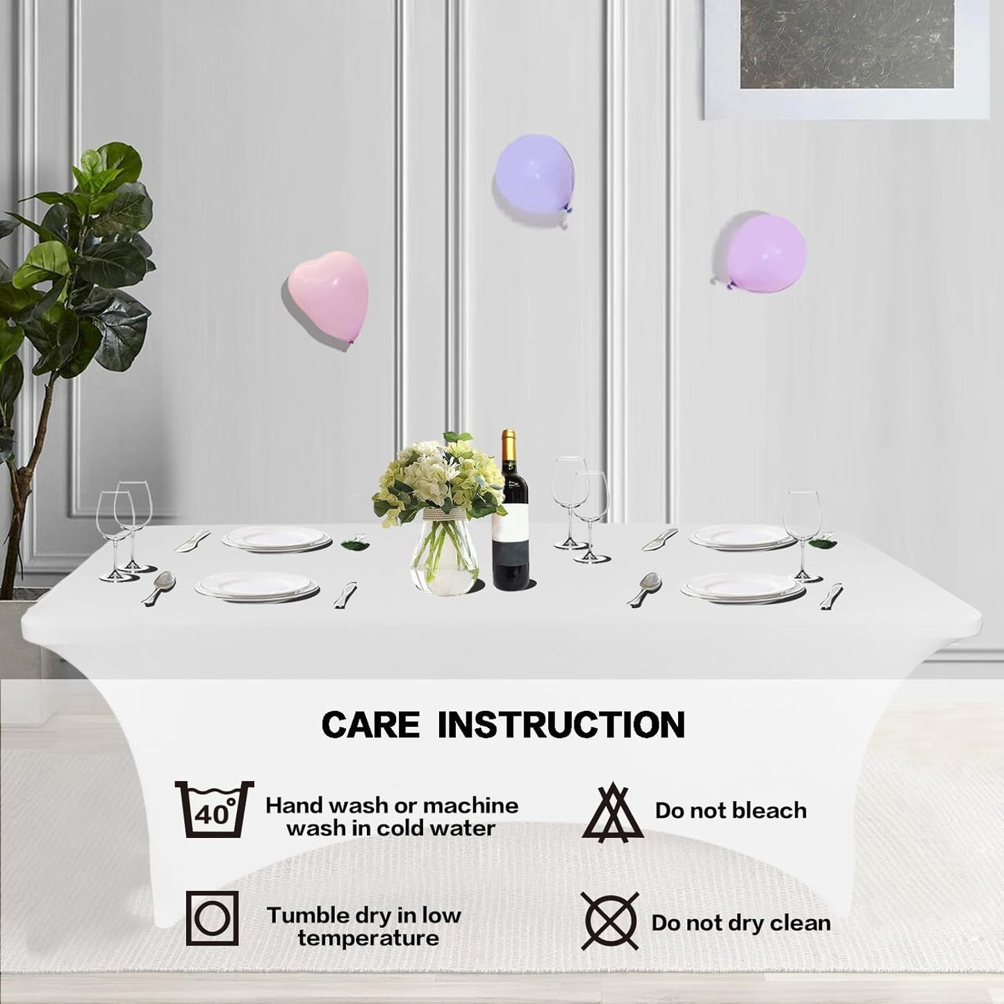 IVAPUPU 2 Pack 8FT Spring Table Cloth for Rectangular Fitted Events Stretch White Table Covers Washable Spandex Tablecloth Protector for Party, Wedding, Cocktail, Banquet, Festival